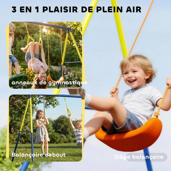Portique Balancoire Exterieur Enfants 3-en-1, Siège de Balancelle, 2 Anneaux Gymnastique et Balançoire à Disque - Image 6