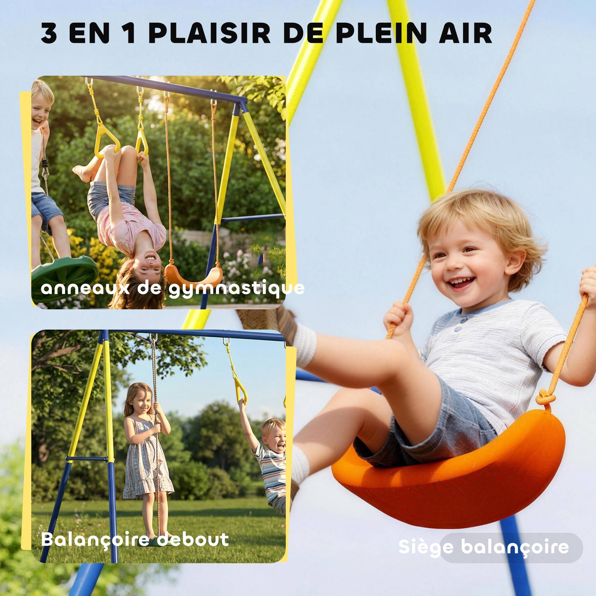 Portique Balancoire Exterieur Enfants 3-en-1, Siège de Balancelle, 2 Anneaux Gymnastique et Balançoire à Disque - Image 6