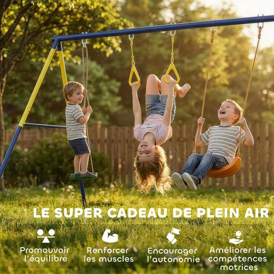 Portique Balancoire Exterieur Enfants 3-en-1, Siège de Balancelle, 2 Anneaux Gymnastique et Balançoire à Disque - Image 9