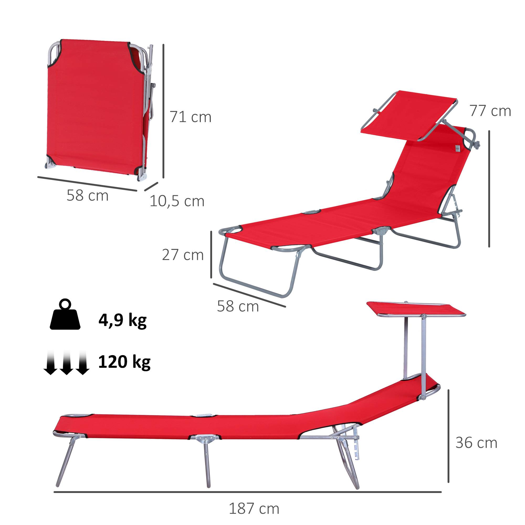 Transat pliant jardin rouge avec auvent dossier 4 positions capacité 120 kg camping extérieur - Image 5