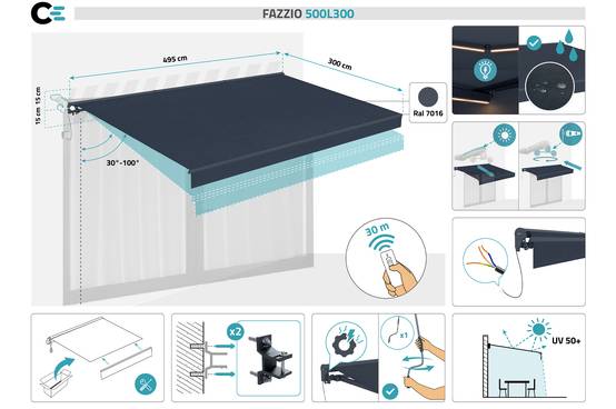 Cazeboo Store banne motorisé à LED semi-coffre gris FAZZIO 5x3 m toile grise - Image 4
