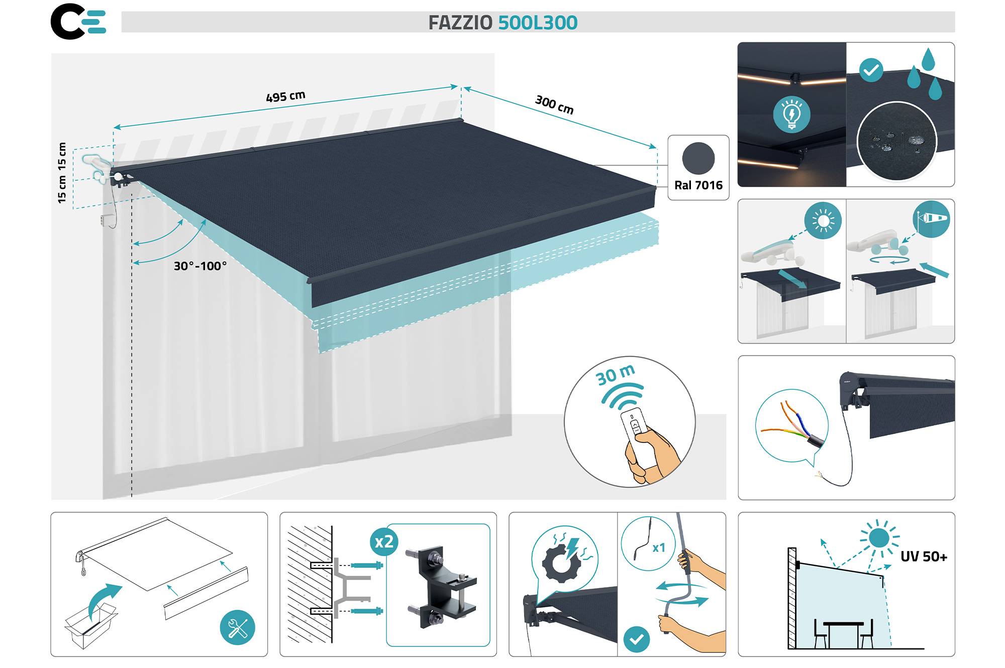 Cazeboo Store banne motorisé à LED semi-coffre gris FAZZIO 5x3 m toile grise - Image 4