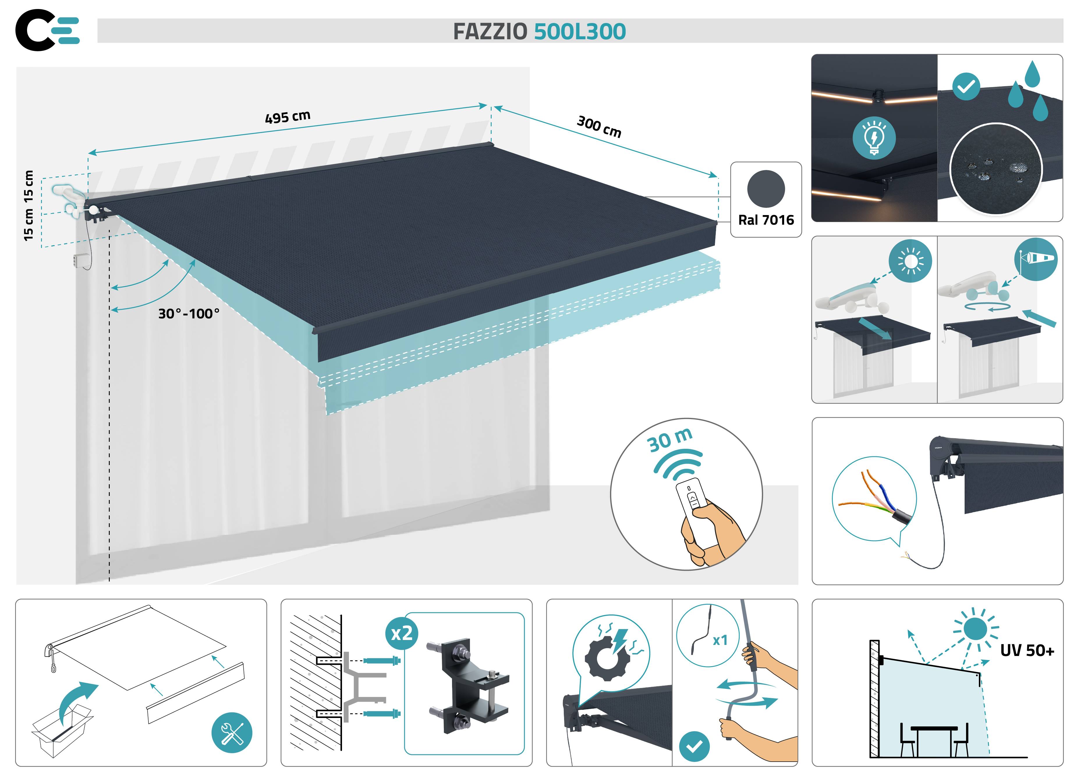 Cazeboo Store banne motorisé à LED semi-coffre gris FAZZIO 5x3 m toile grise - Image 2