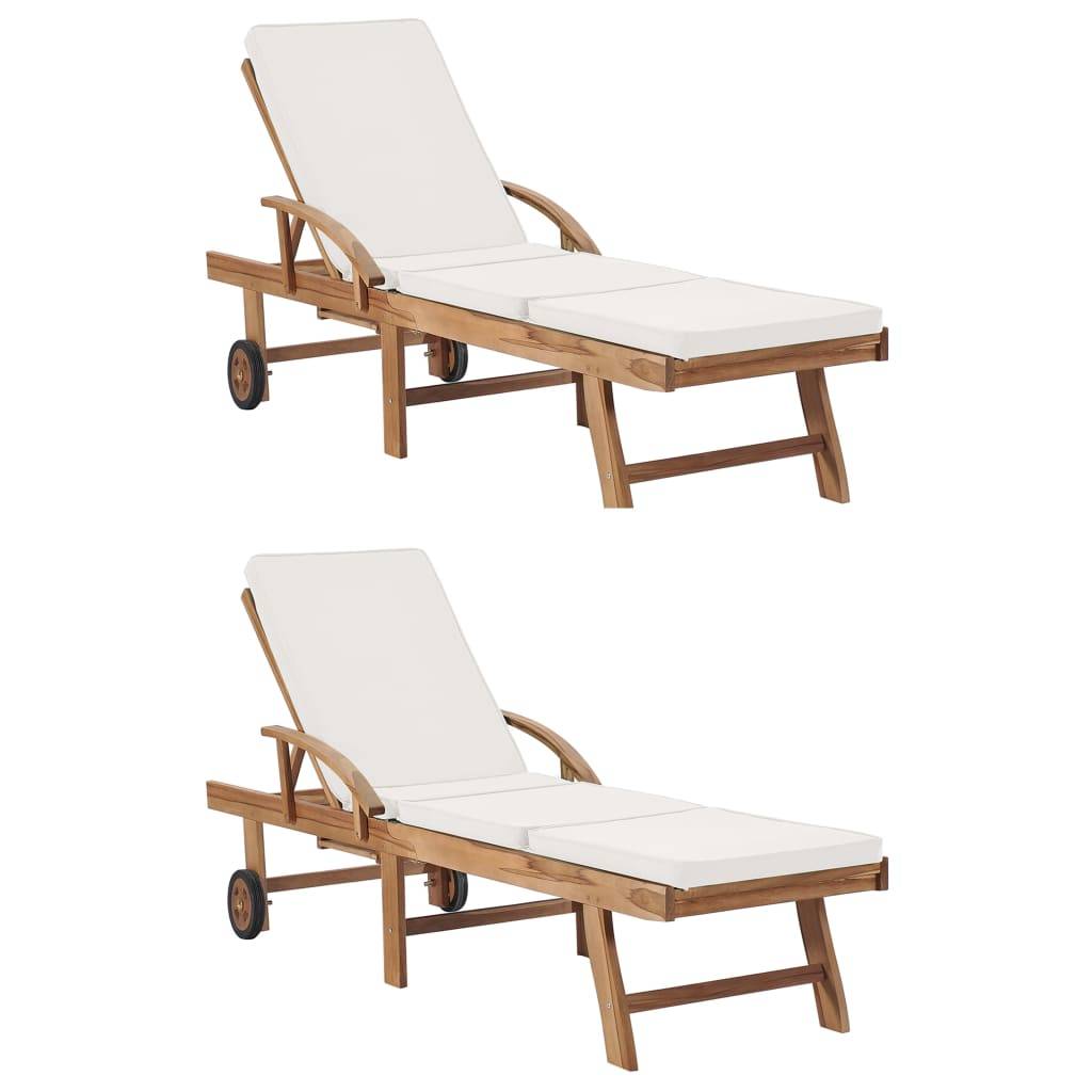 Helloshop26 - Lot de 2 transats chaise longue bain de soleil lit de jardin terrasse meuble d'extérieur avec coussins bois de teck solide crème - Image 1