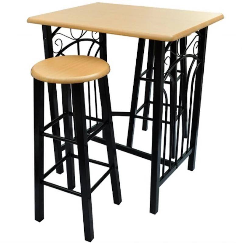 Helloshop26 - Lot de 2 tabourets de bar chaise avec table haute set bois acier design cuisine salon - Image 1