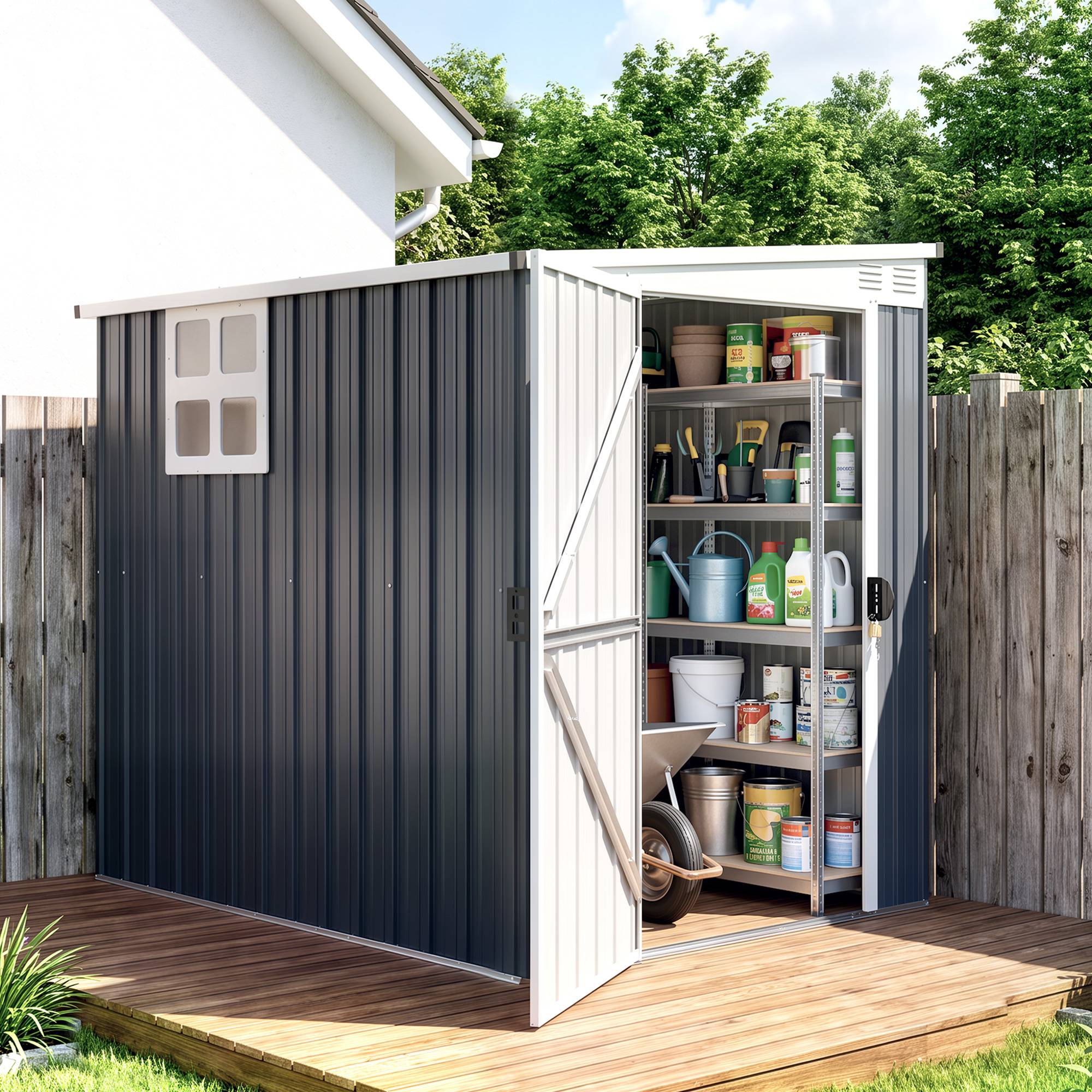 Abri de jardin, abri pour outils de jardin, fenêtres, aérations, verrouillable, acier, gris foncé - Image 3