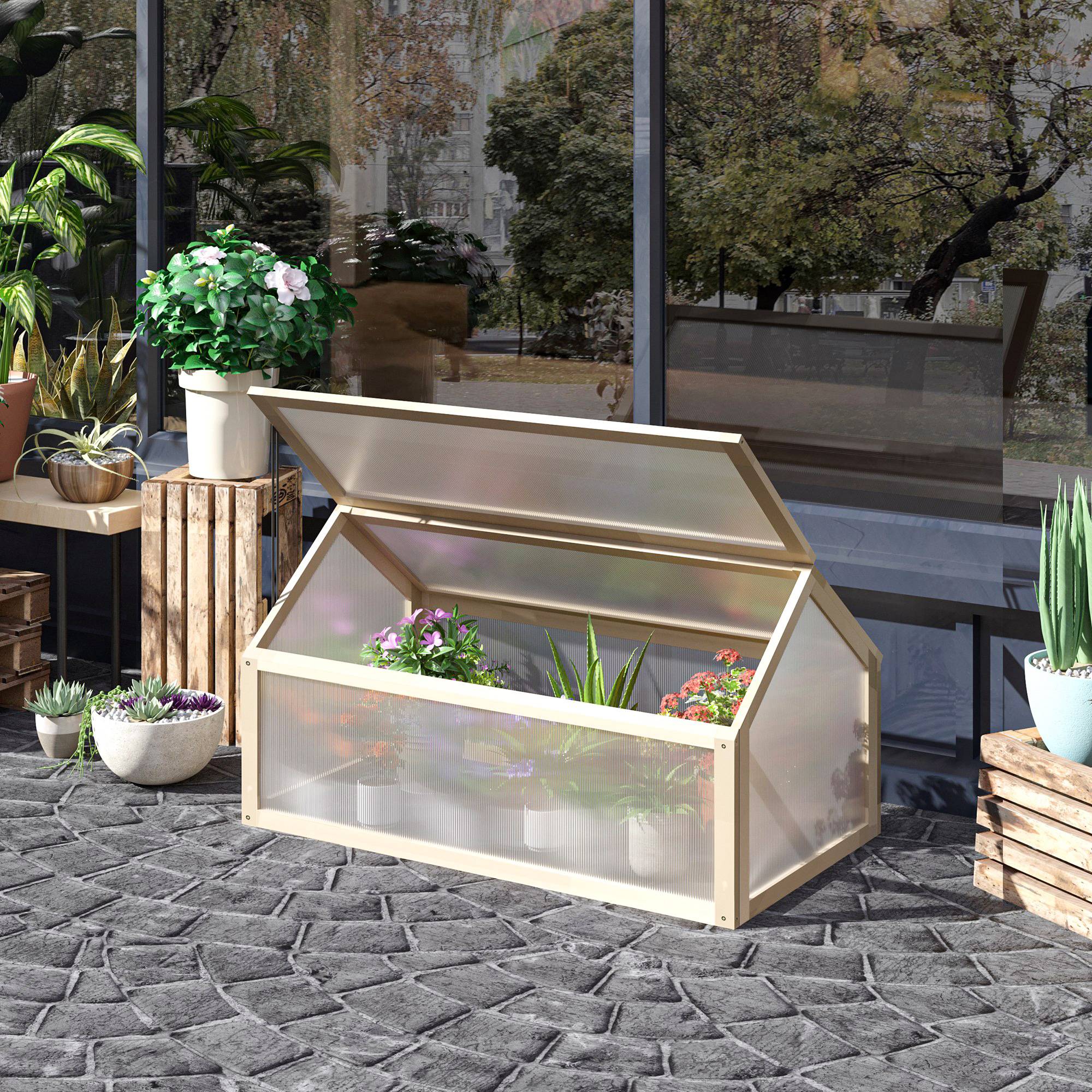 Mini serre châssis bois pour semis croissance saine 90x52x49cm nature - ComfortXL Outdoor Living - Image 4
