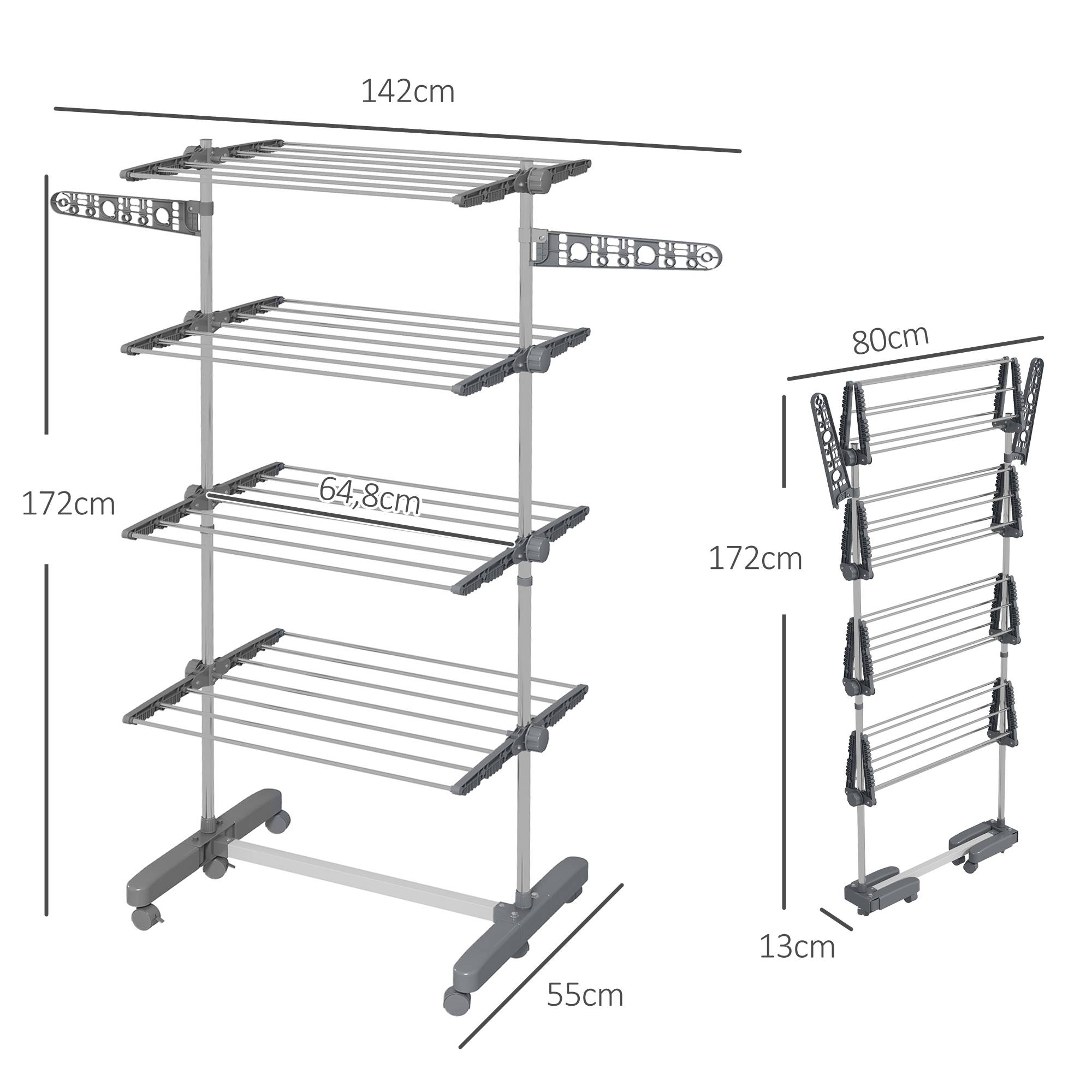 Homcom - Séchoir à Linge pliable ailes latérales 142x55x172 cm intérieur/extérieur 4 niveaux gris - HOMCOM - Image 3