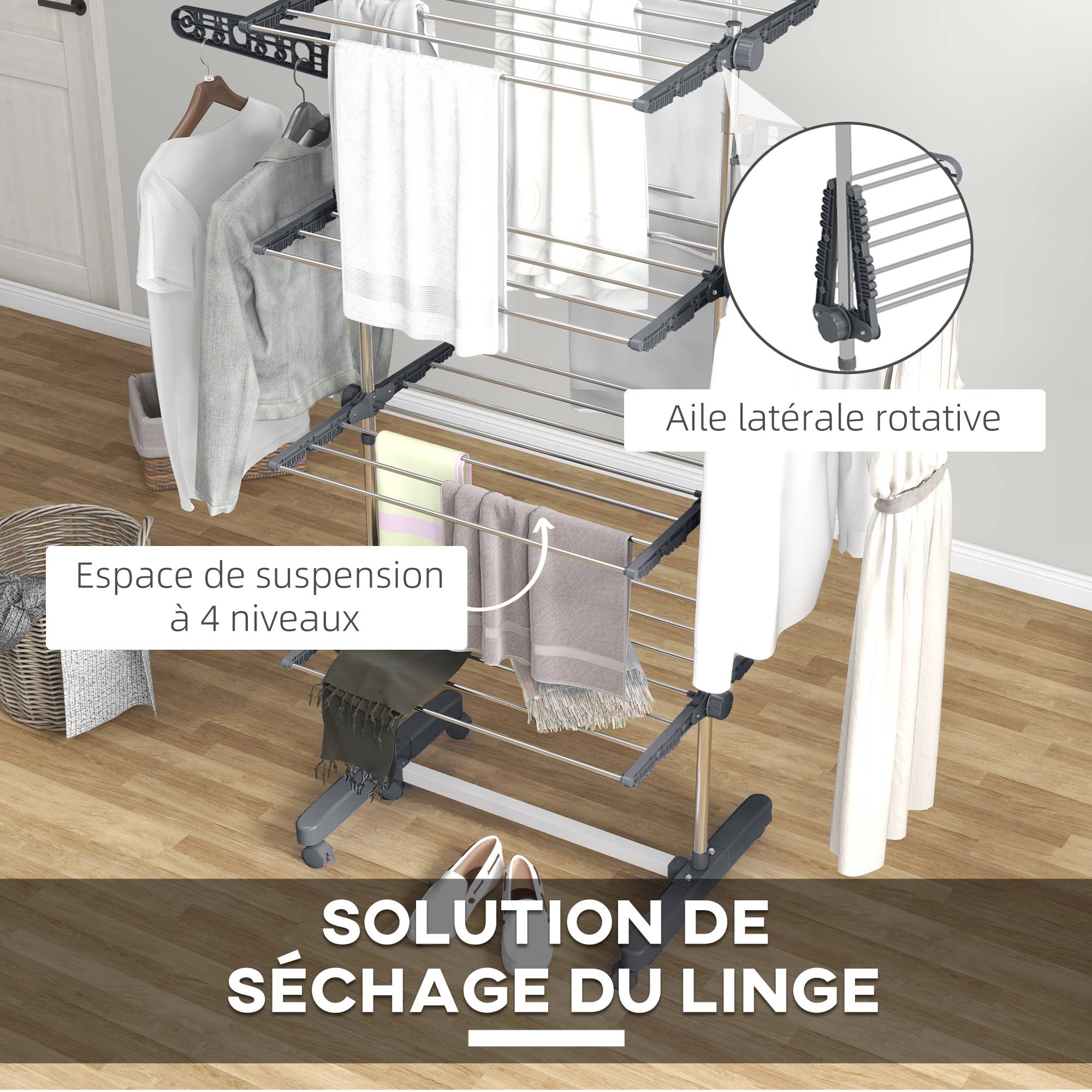 Homcom - Séchoir à Linge pliable ailes latérales 142x55x172 cm intérieur/extérieur 4 niveaux gris - HOMCOM - Image 5