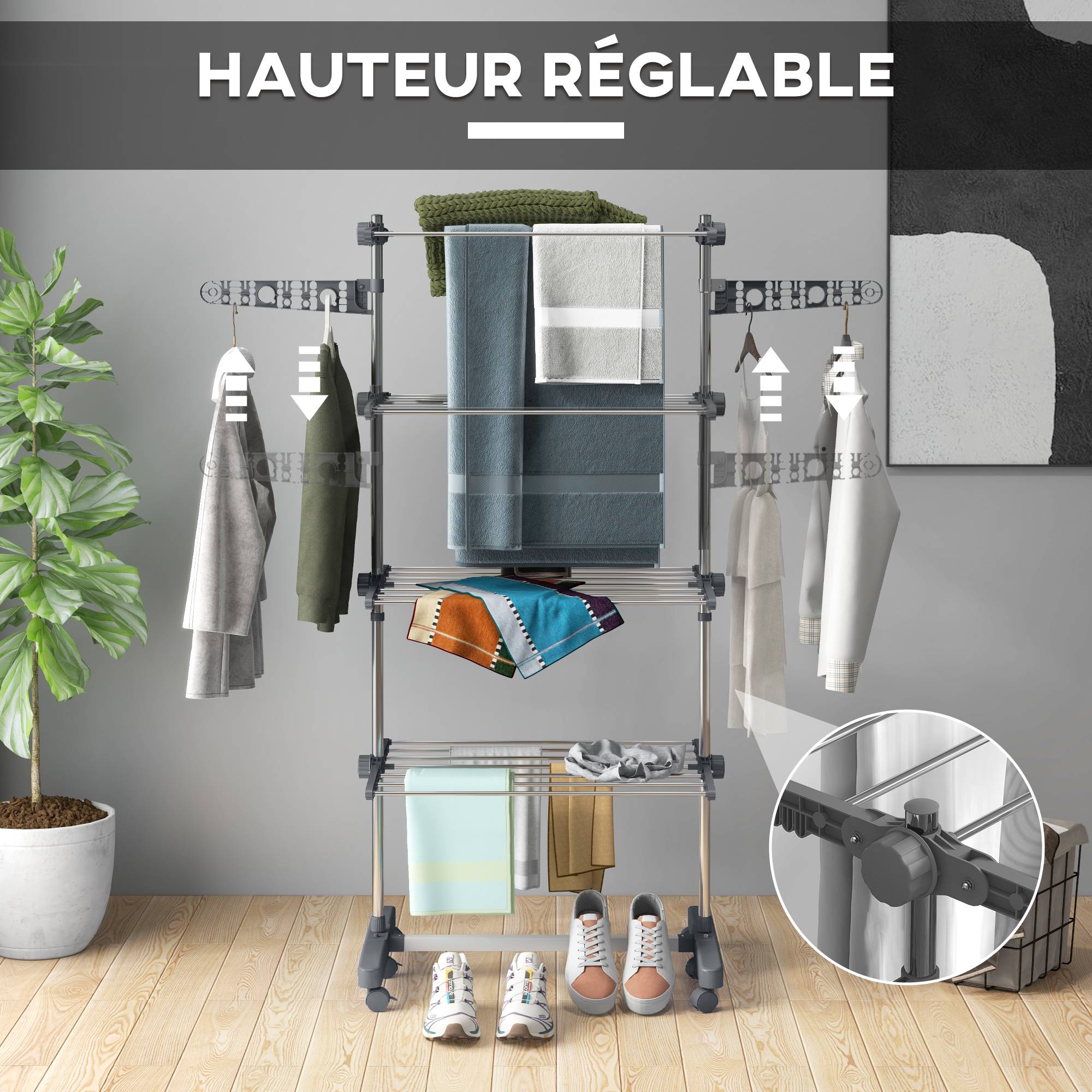 Homcom - Séchoir à Linge pliable ailes latérales 142x55x172 cm intérieur/extérieur 4 niveaux gris - HOMCOM - Image 4
