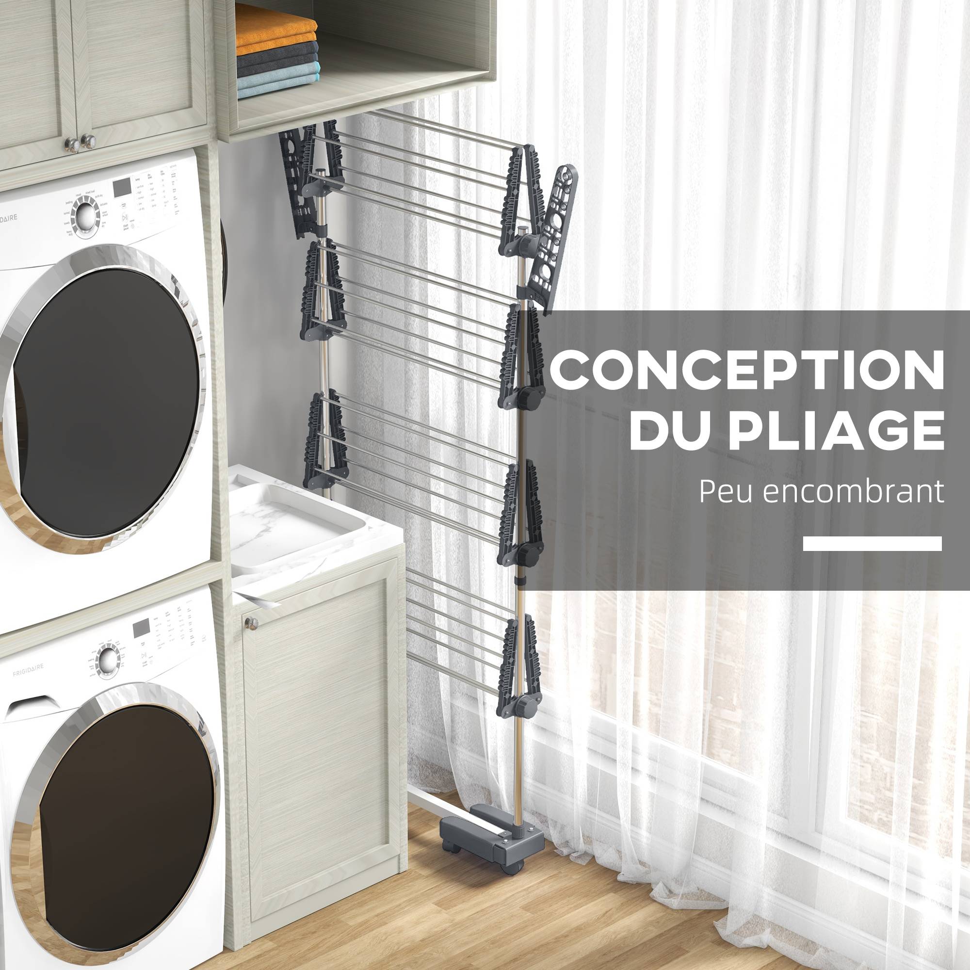 Homcom - Séchoir à Linge pliable ailes latérales 142x55x172 cm intérieur/extérieur 4 niveaux gris - HOMCOM - Image 6