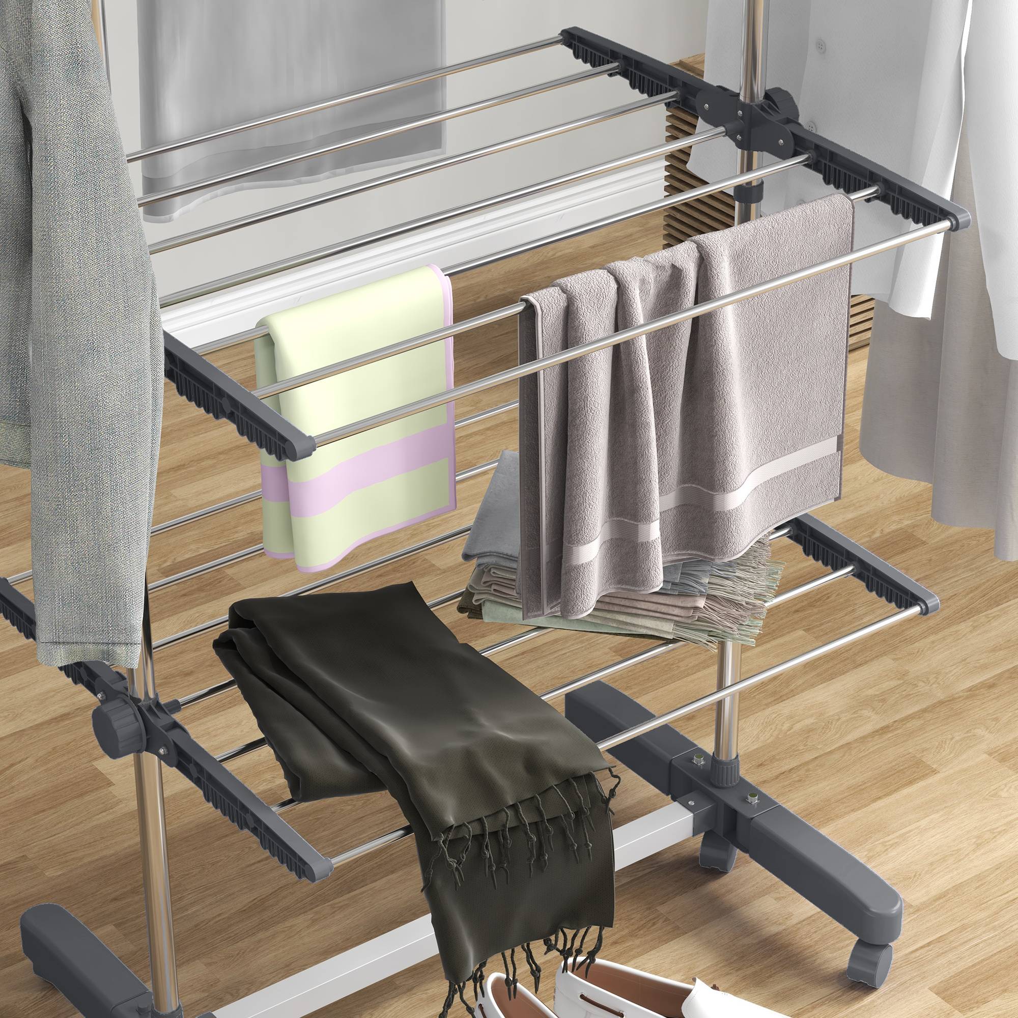 Homcom - Séchoir à Linge pliable ailes latérales 142x55x172 cm intérieur/extérieur 4 niveaux gris - HOMCOM - Image 9