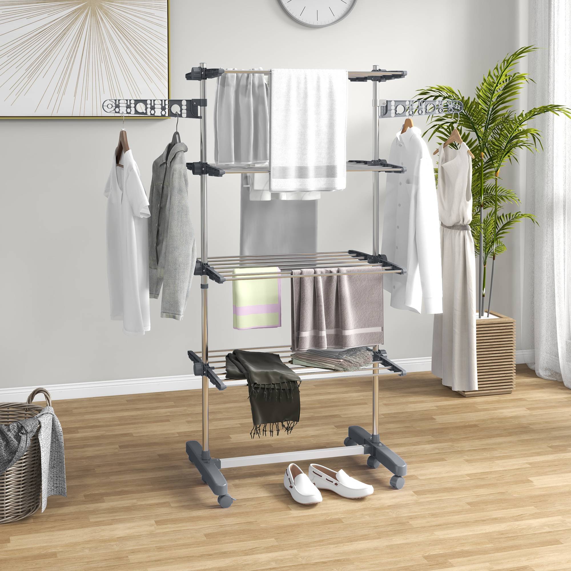 Homcom - Séchoir à Linge pliable ailes latérales 142x55x172 cm intérieur/extérieur 4 niveaux gris - HOMCOM - Image 2