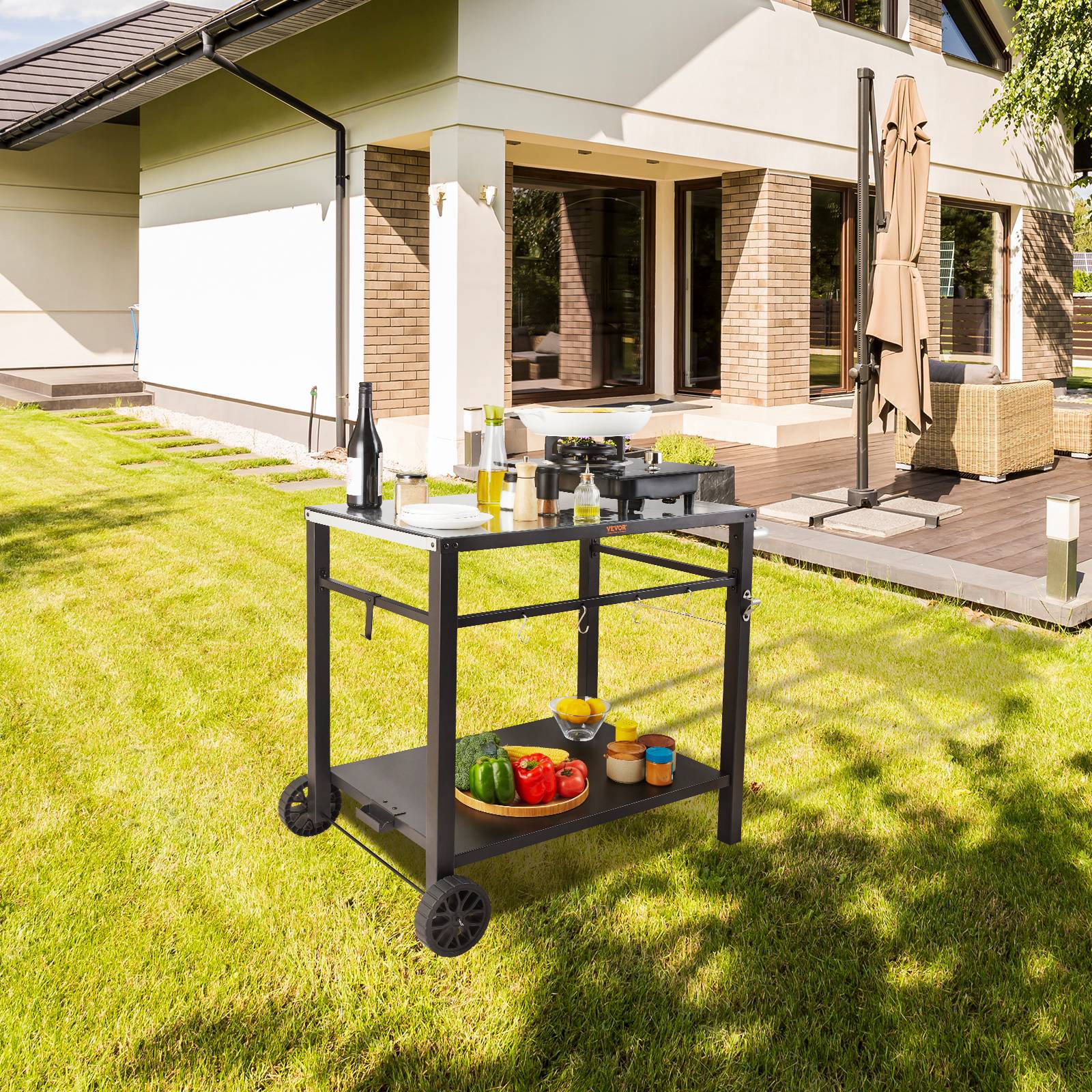 VEVOR Desserte plancha 2 niveaux, plan travail 85x55 cm. Roulettes, BBQ, jardin. - Image 8