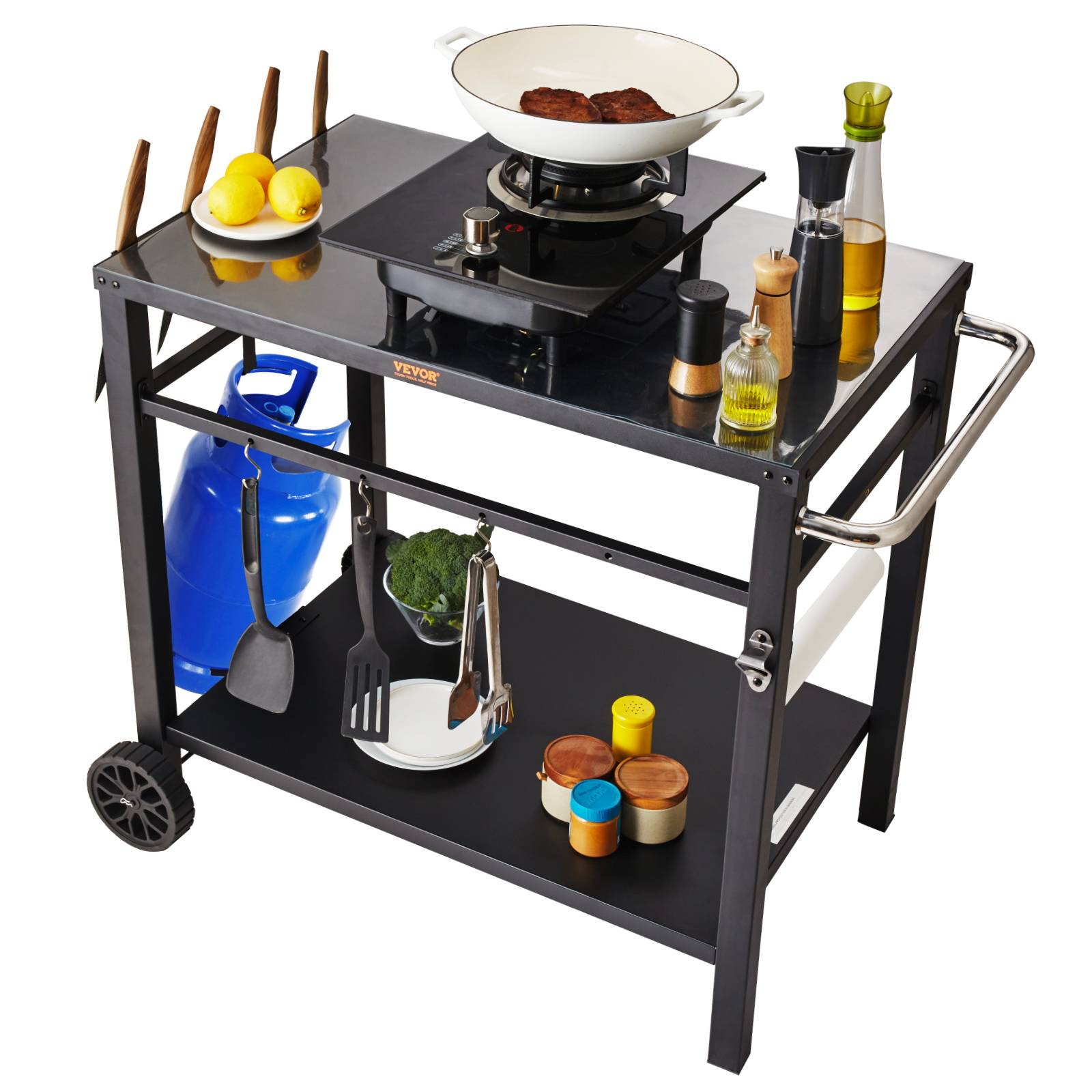 VEVOR Desserte plancha 2 niveaux, plan travail 85x55 cm. Roulettes, BBQ, jardin. - Image 1