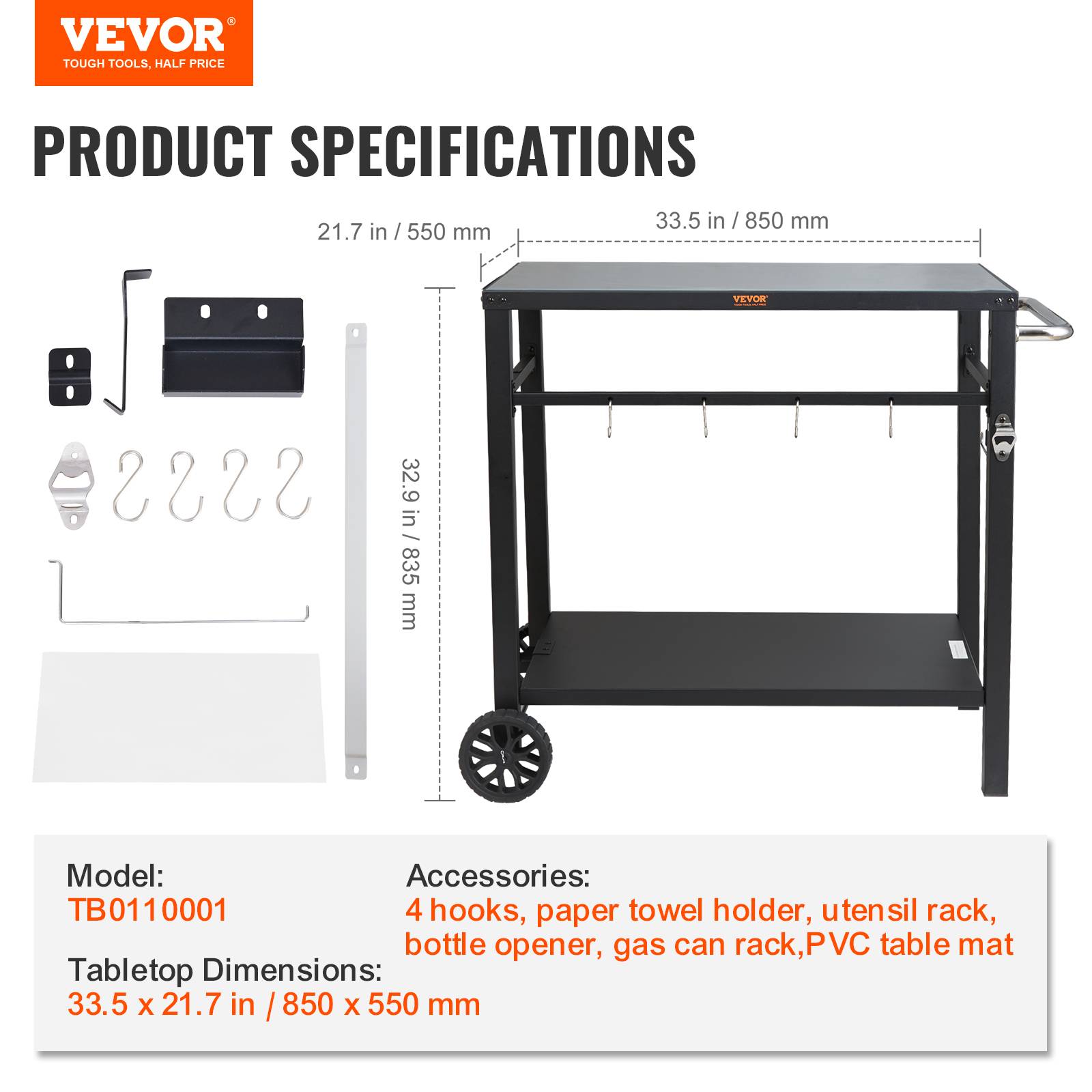 VEVOR Desserte plancha 2 niveaux, plan travail 85x55 cm. Roulettes, BBQ, jardin. - Image 7