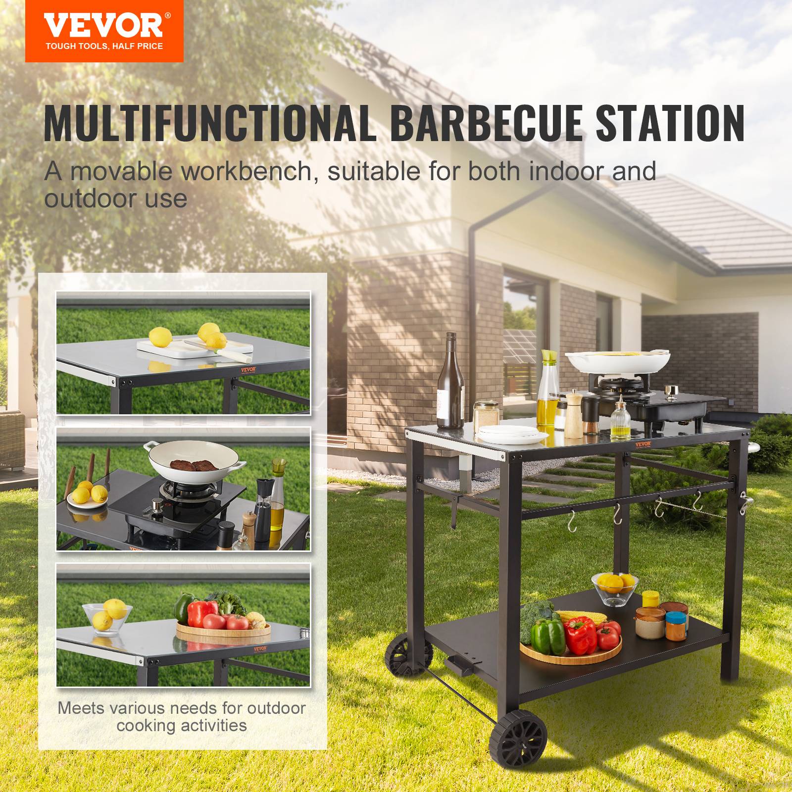 VEVOR Desserte plancha 2 niveaux, plan travail 85x55 cm. Roulettes, BBQ, jardin. - Image 2