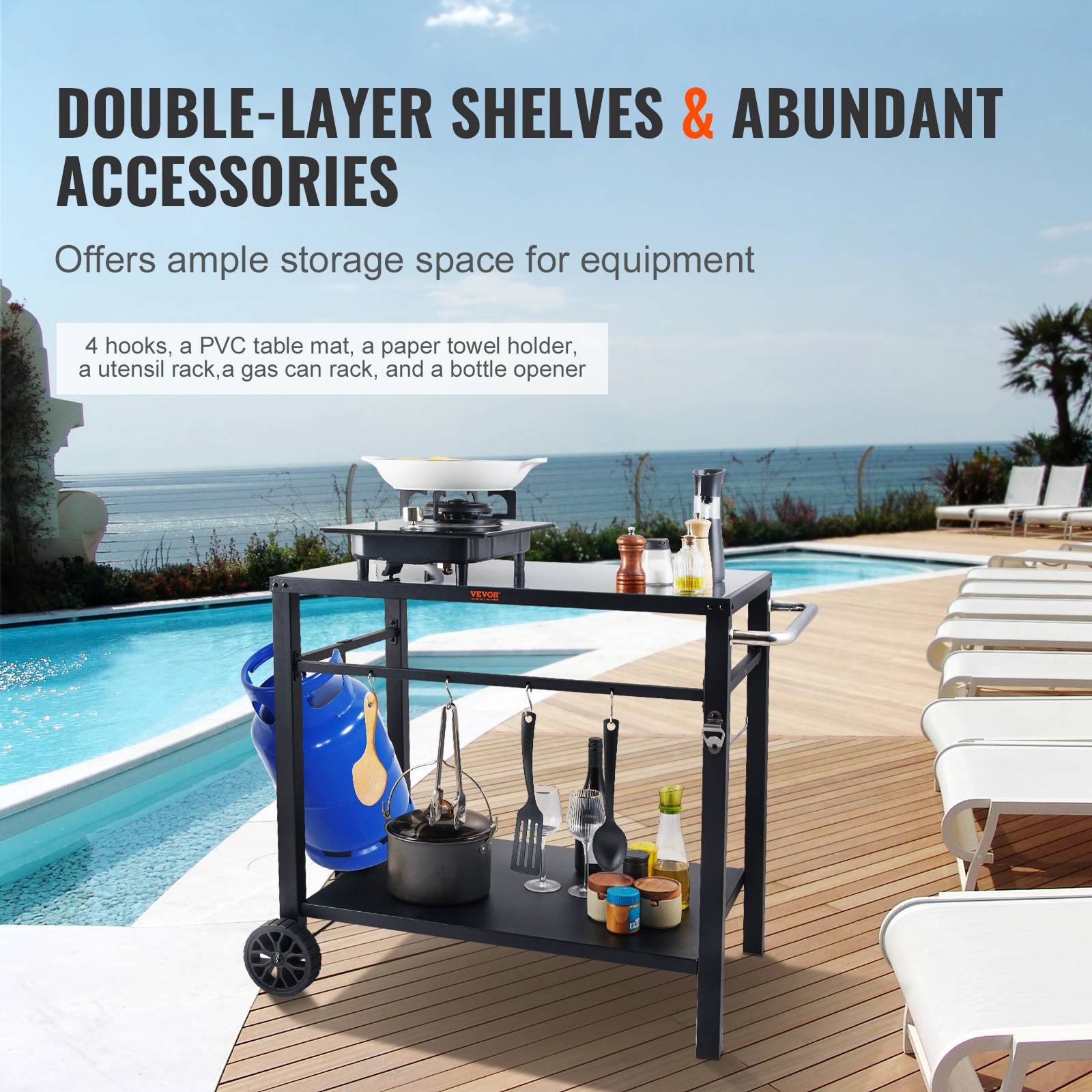 VEVOR Desserte plancha 2 niveaux, plan travail 85x55 cm. Roulettes, BBQ, jardin. - Image 4