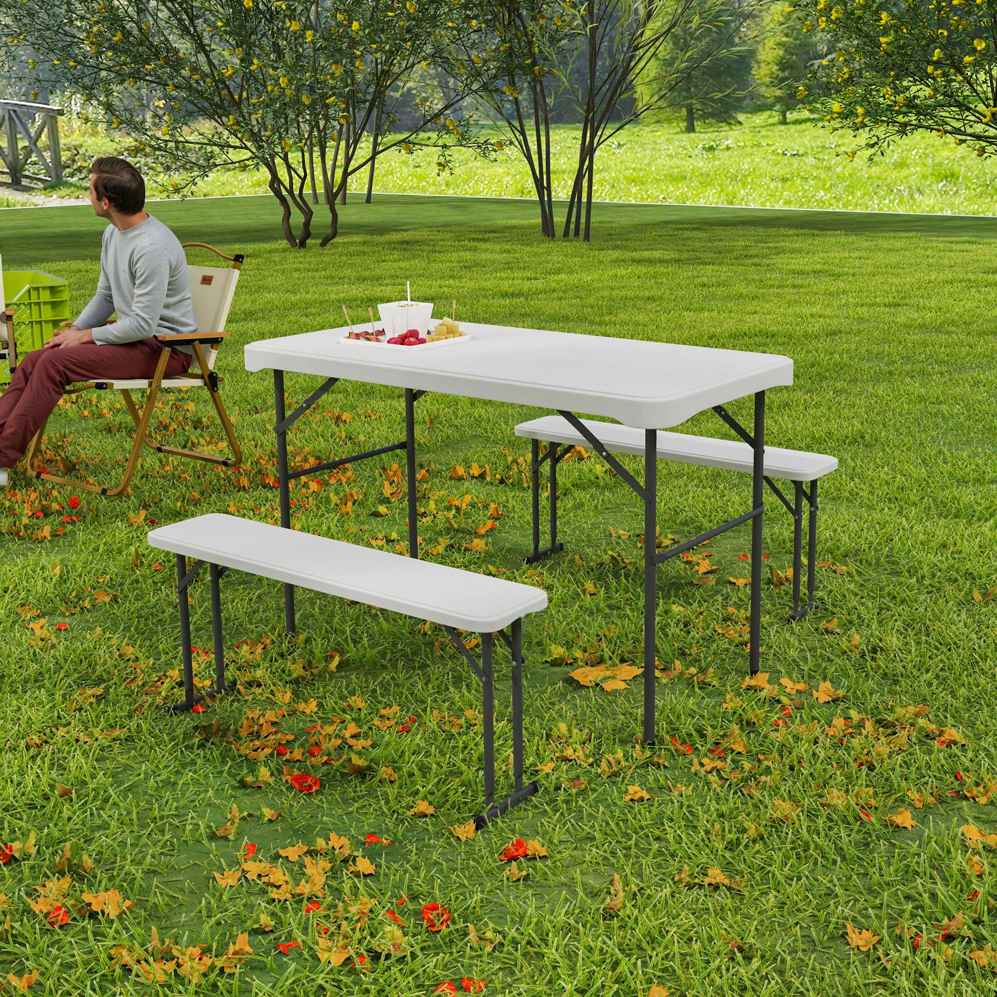ComfortXL - Ensemble table pliante et 2 bancs HDPE métal 113 cm blanc camping pique-nique portable - ComfortXL Outdoor Living - Image 10