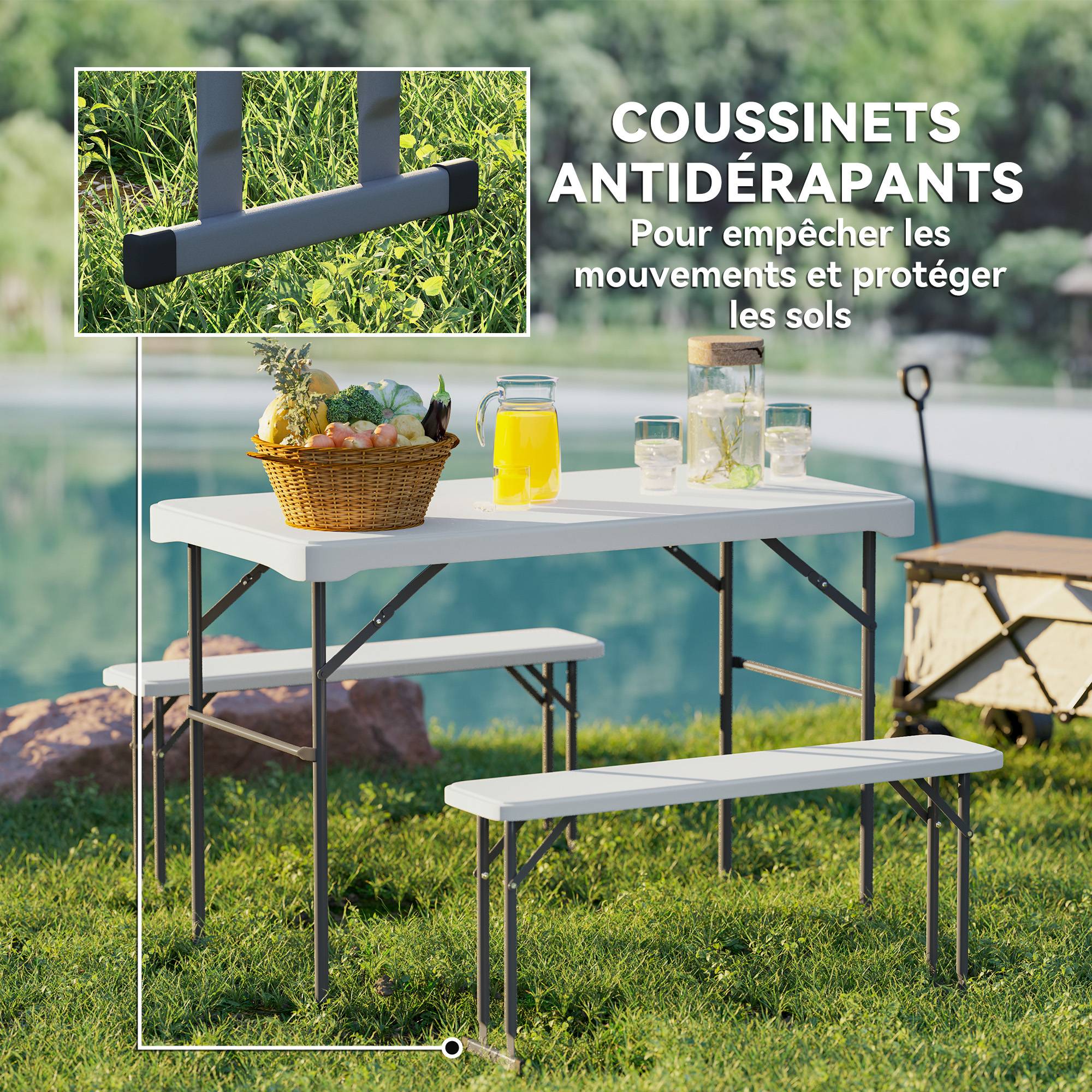 ComfortXL - Ensemble table pliante et 2 bancs HDPE métal 113 cm blanc camping pique-nique portable - ComfortXL Outdoor Living - Image 7