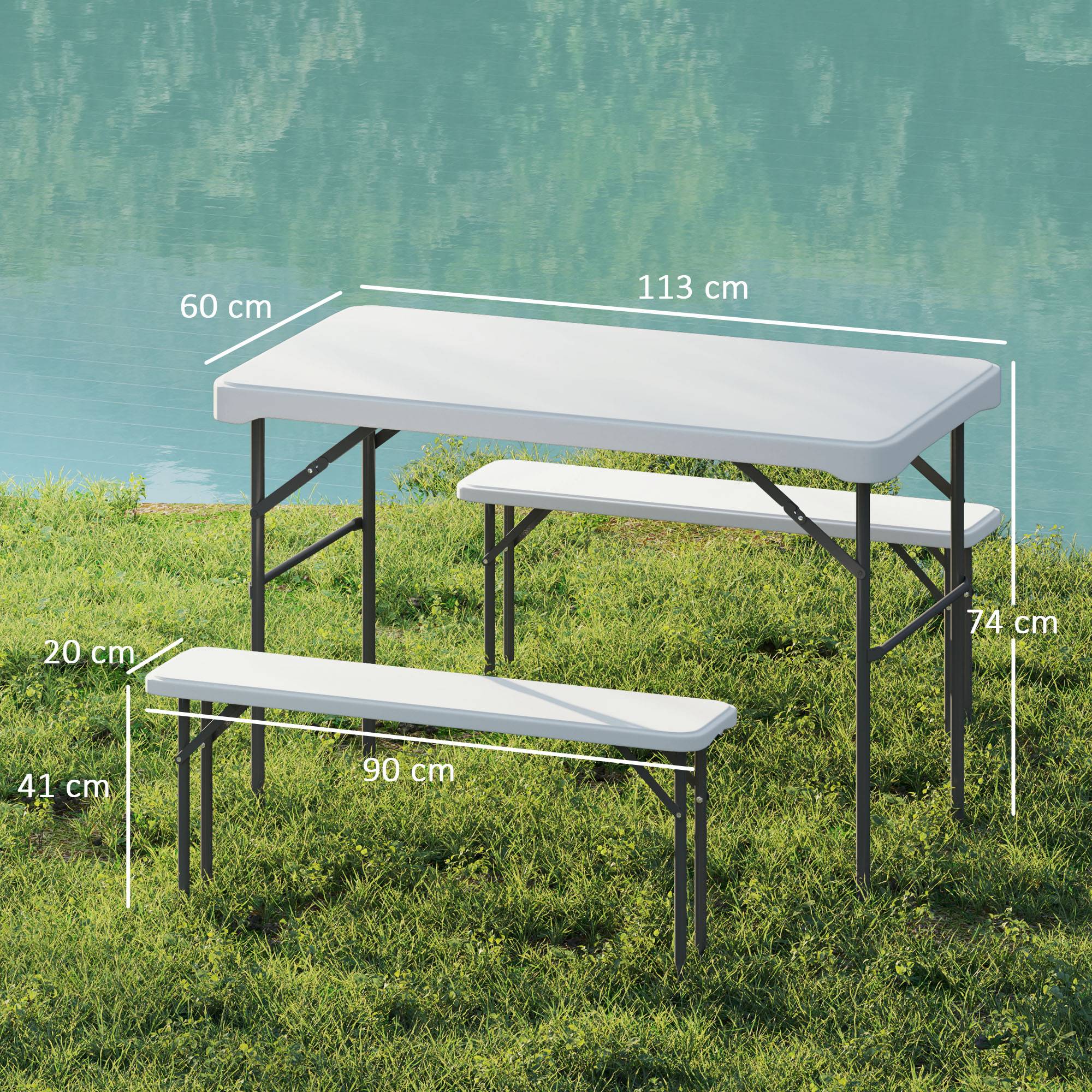 ComfortXL - Ensemble table pliante et 2 bancs HDPE métal 113 cm blanc camping pique-nique portable - ComfortXL Outdoor Living - Image 5