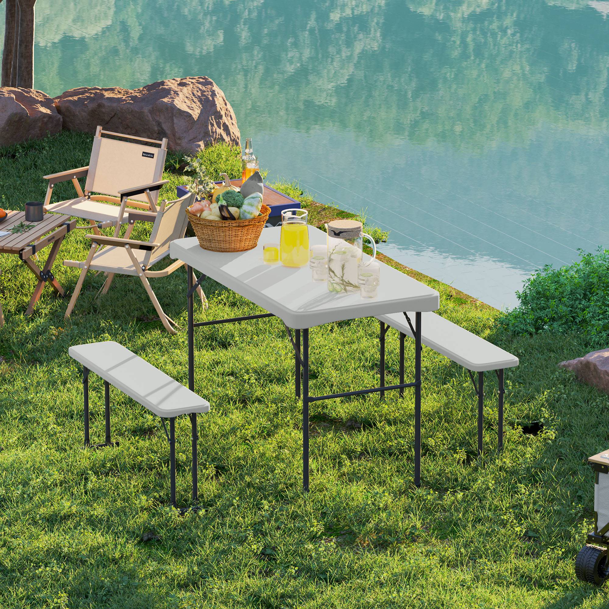 ComfortXL - Ensemble table pliante et 2 bancs HDPE métal 113 cm blanc camping pique-nique portable - ComfortXL Outdoor Living - Image 4