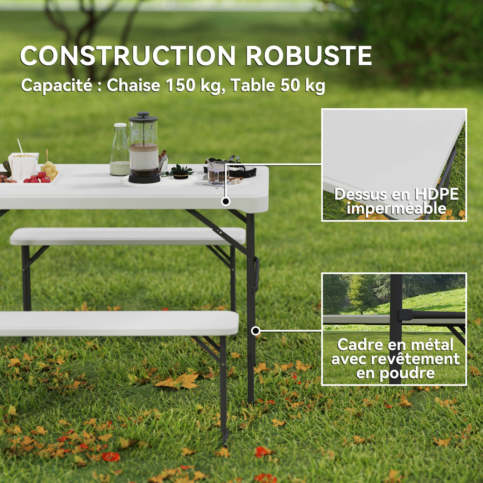 ComfortXL - Ensemble table pliante et 2 bancs HDPE métal 113 cm blanc camping pique-nique portable - ComfortXL Outdoor Living - Image 6
