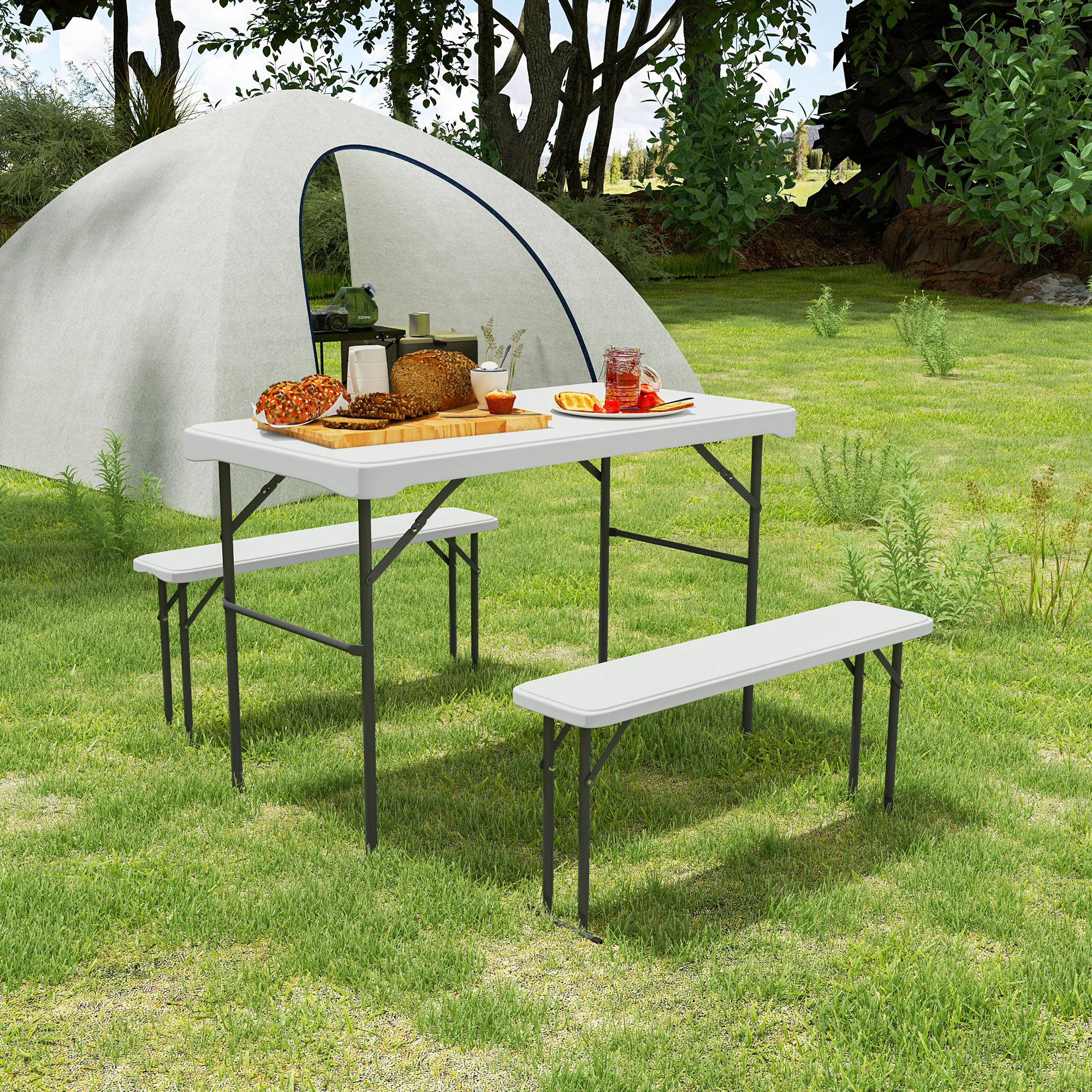 ComfortXL - Ensemble table pliante et 2 bancs HDPE métal 113 cm blanc camping pique-nique portable - ComfortXL Outdoor Living - Image 9