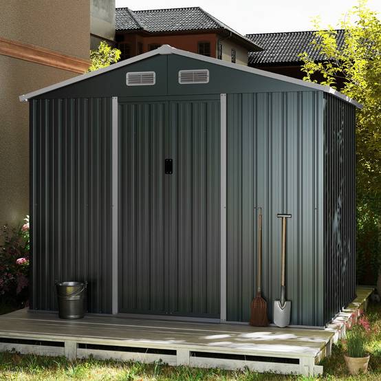Abri de Jardin Abri à Outils Utilitaire avec Toit Incliné Portes Coulissantes 226x162x196cm Gris - Image 3
