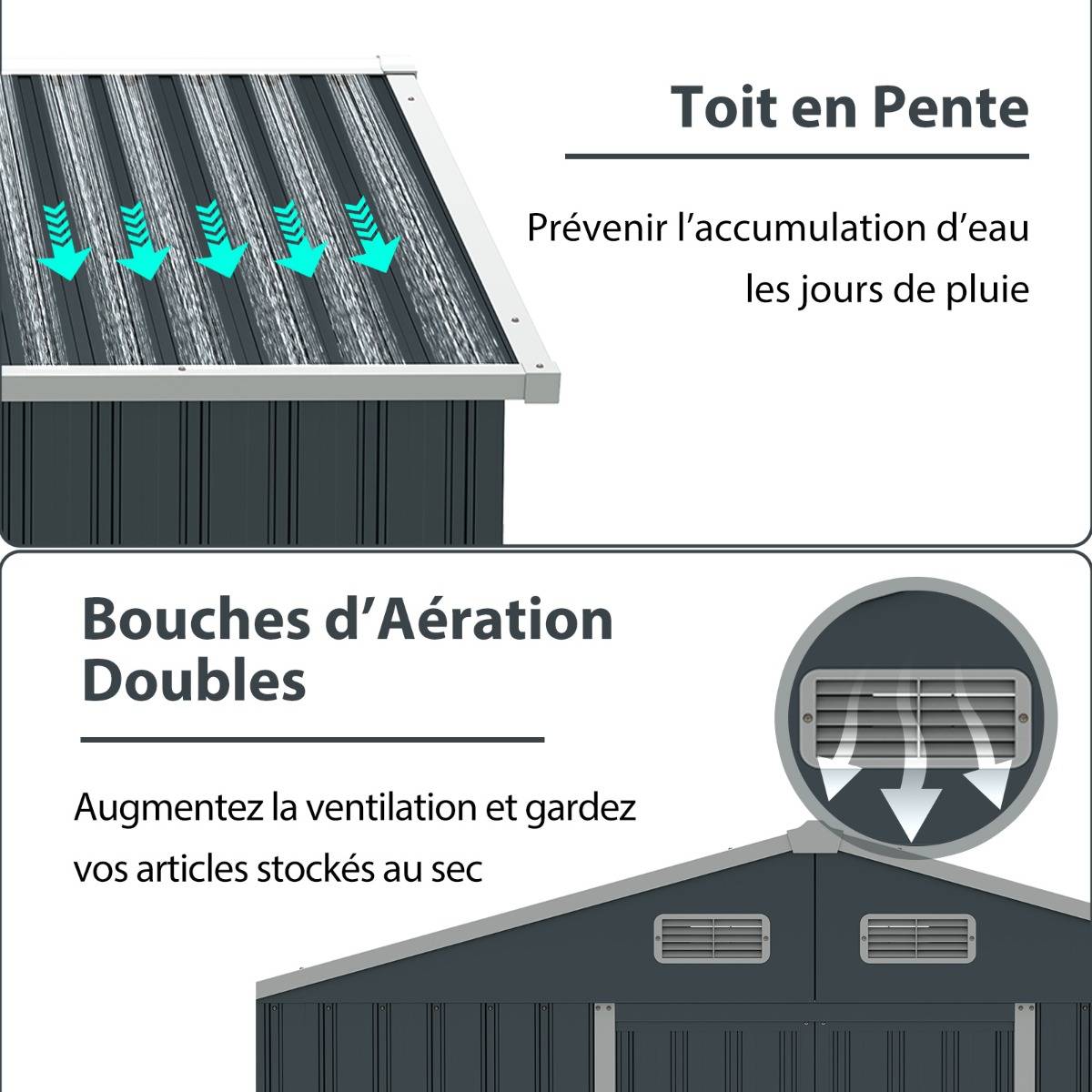 Abri de Jardin Abri à Outils Utilitaire avec Toit Incliné Portes Coulissantes 226x162x196cm Gris - Image 6