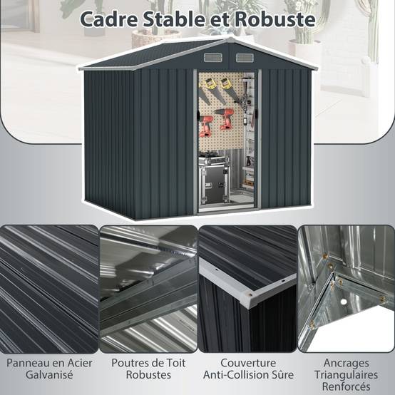 Abri de Jardin Abri à Outils Utilitaire avec Toit Incliné Portes Coulissantes 226x162x196cm Gris - Image 5