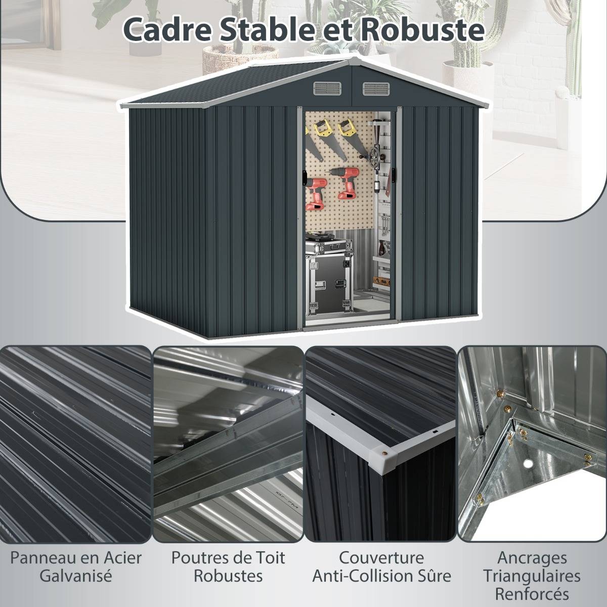 Abri de Jardin Abri à Outils Utilitaire avec Toit Incliné Portes Coulissantes 226x162x196cm Gris - Image 5