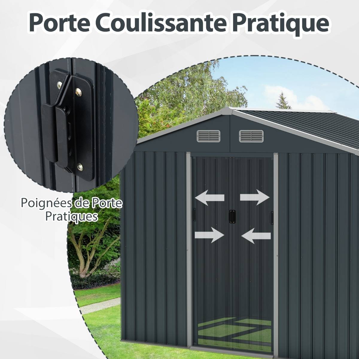 Abri de Jardin Abri à Outils Utilitaire avec Toit Incliné Portes Coulissantes 226x162x196cm Gris - Image 7