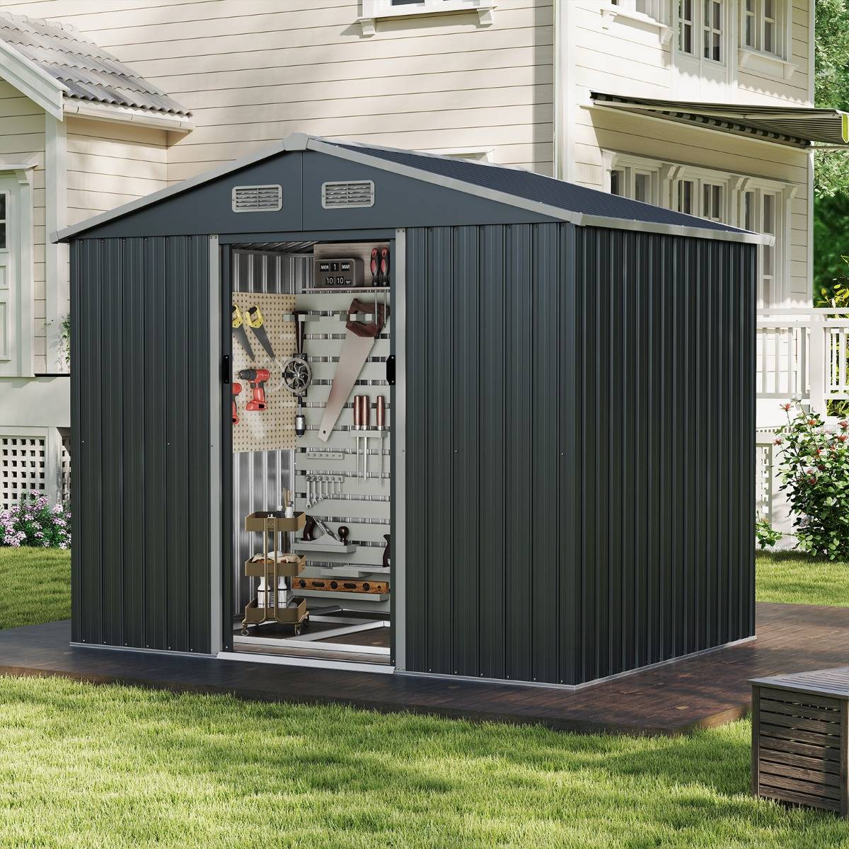 Abri de Jardin Abri à Outils Utilitaire avec Toit Incliné Portes Coulissantes 226x162x196cm Gris - Image 2