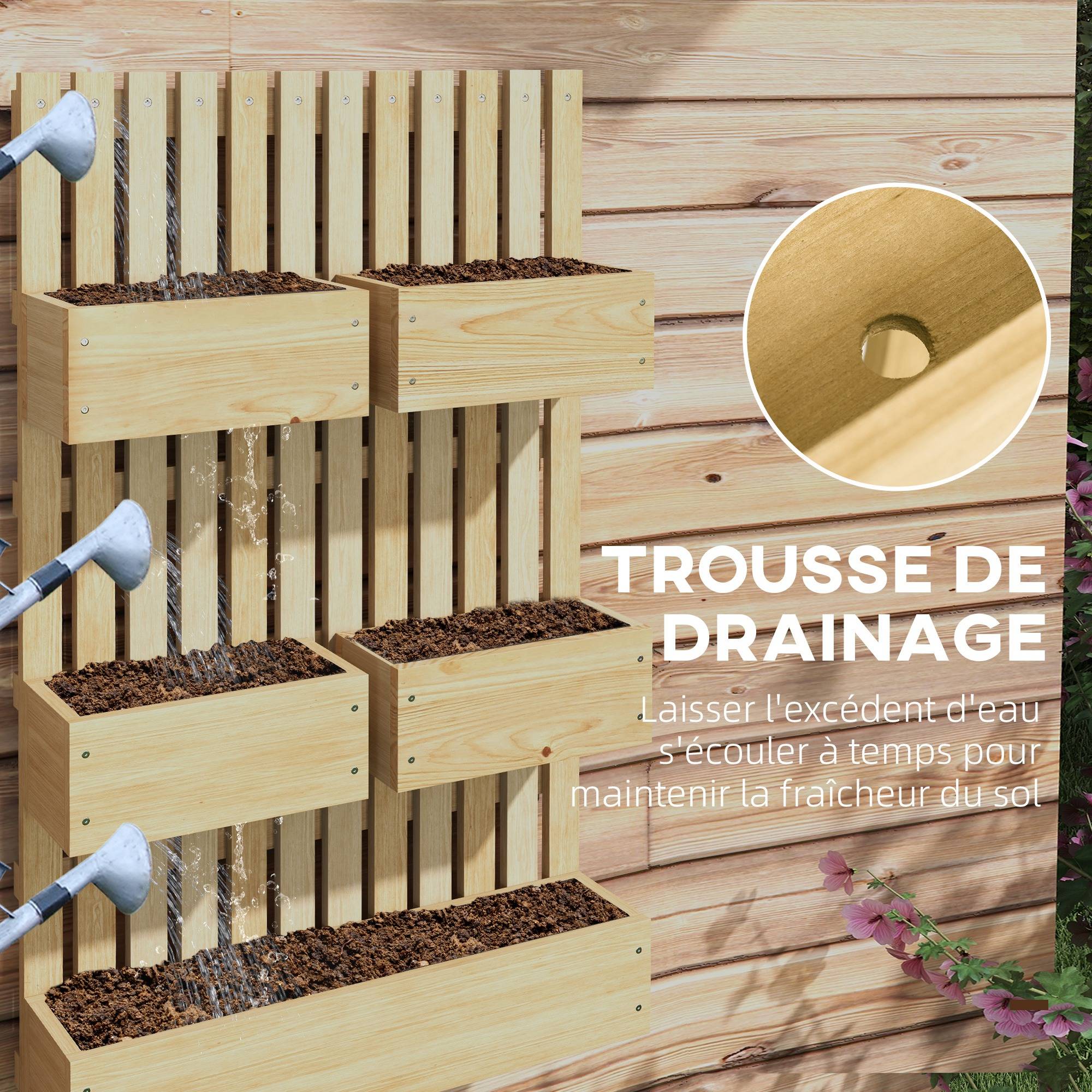 Jardinière murale potager avec 5 bacs treillis en bois massif amovibles 60 x 16 x 100 cm - Image 8
