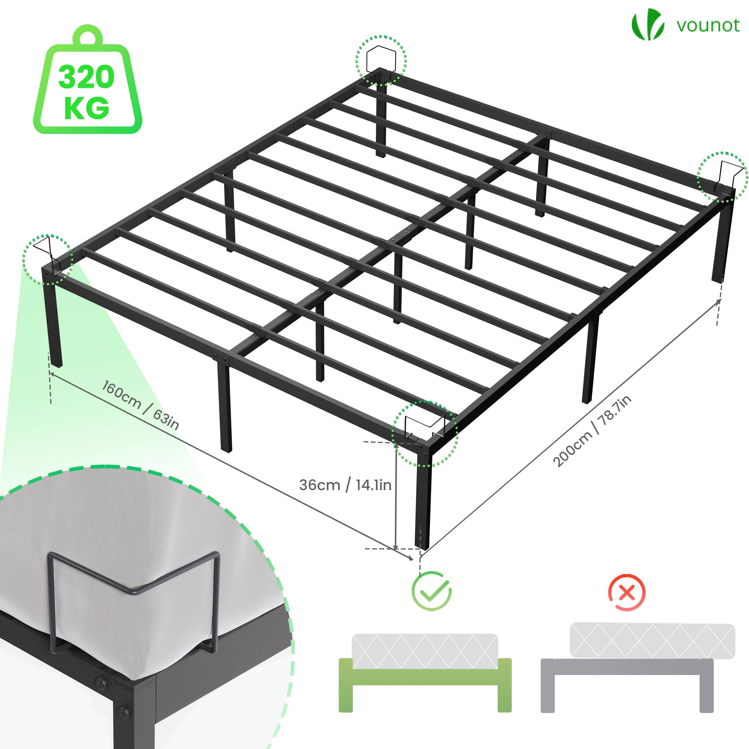 Vounot - Cadre de lit metal avec fixation sommier et hauteur 36cm 160x200cm noir - Image 2