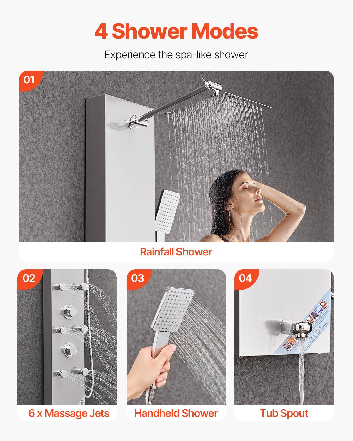 VEVOR Colonne de douche inox brossé 124cm avec pommeau pluie. Robinet 4 fonctions, 6 jets corporels, douchette main. - Image 3