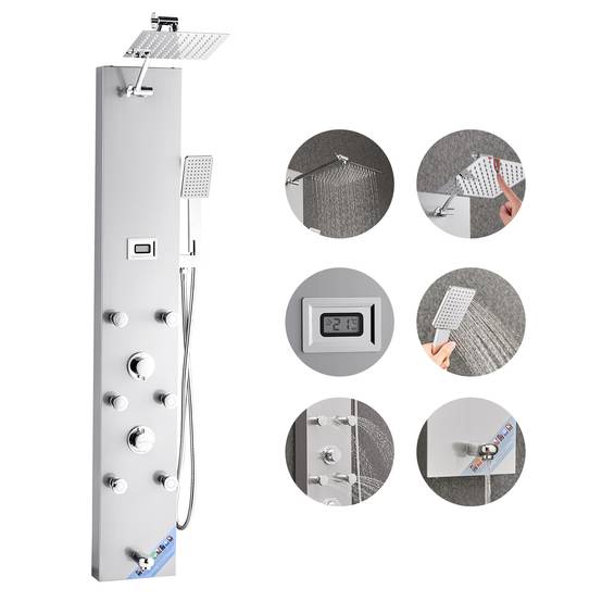 VEVOR Colonne de douche inox brossé 124cm avec pommeau pluie. Robinet 4 fonctions, 6 jets corporels, douchette main. - Image 1