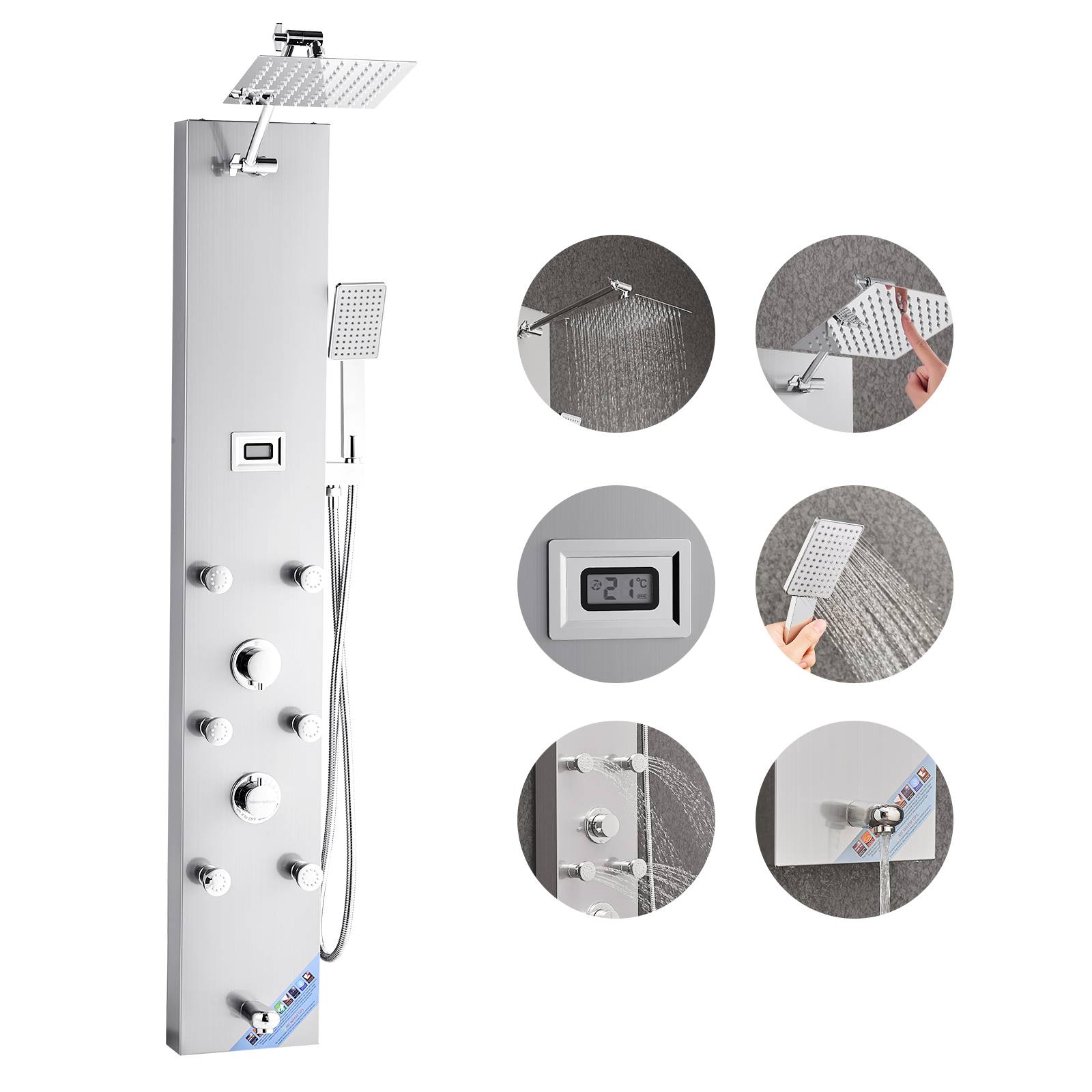 VEVOR Colonne de douche inox brossé 124cm avec pommeau pluie. Robinet 4 fonctions, 6 jets corporels, douchette main. - Image 1