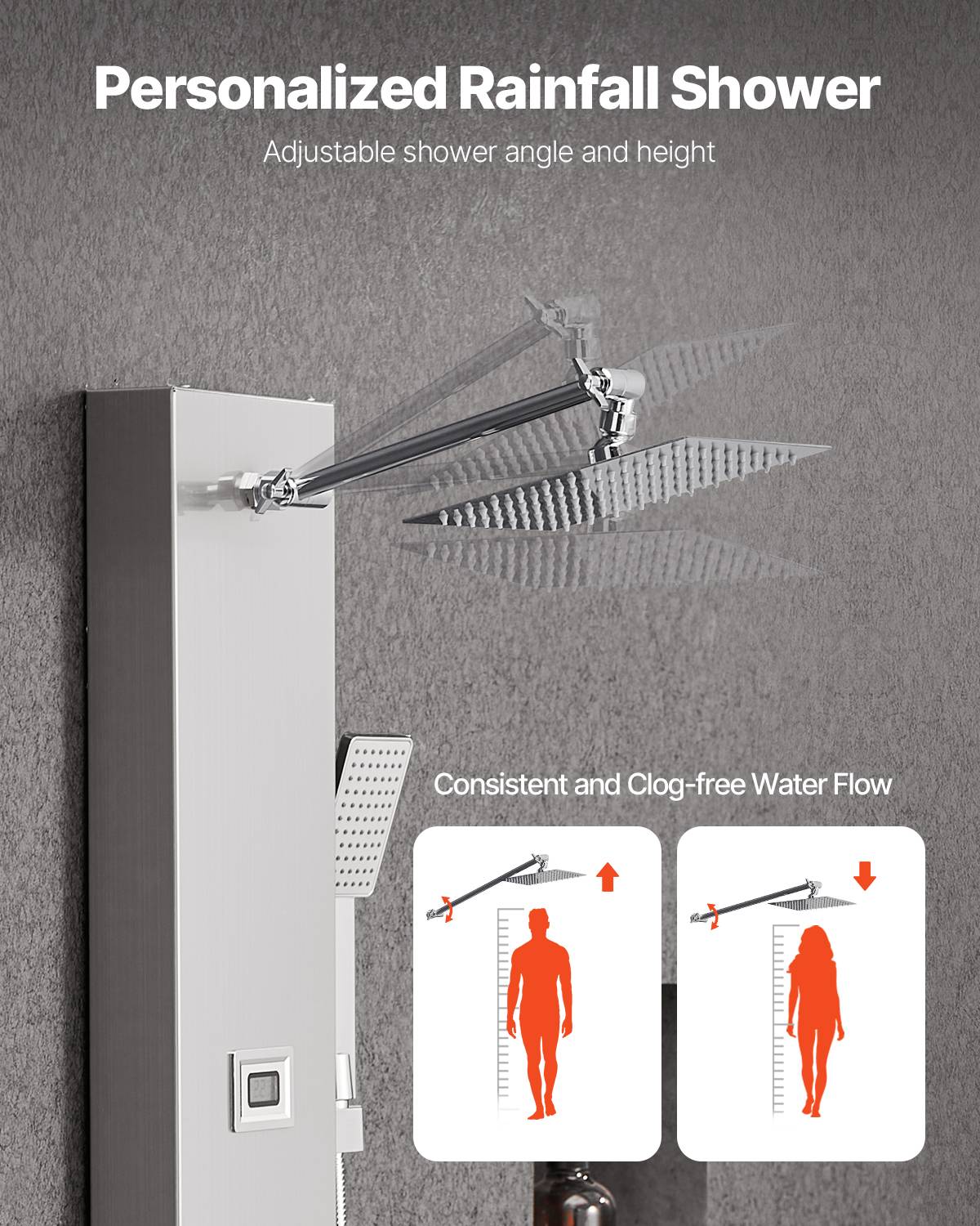 VEVOR Colonne de douche inox brossé 124cm avec pommeau pluie. Robinet 4 fonctions, 6 jets corporels, douchette main. - Image 4