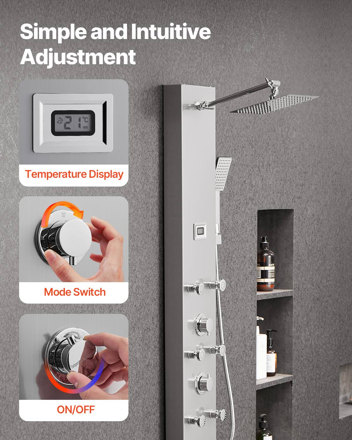 VEVOR Colonne de douche inox brossé 124cm avec pommeau pluie. Robinet 4 fonctions, 6 jets corporels, douchette main. - Image 5