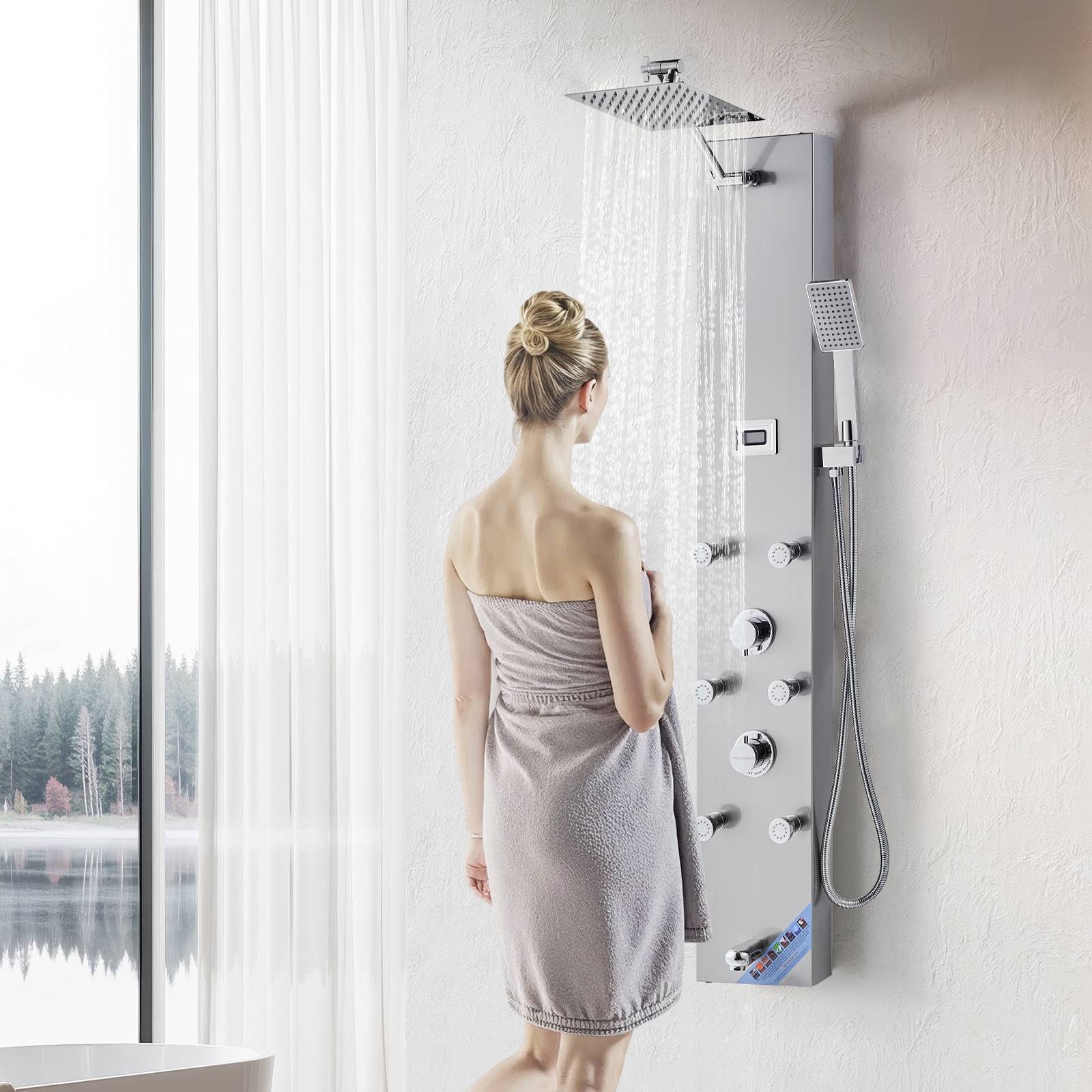 VEVOR Colonne de douche inox brossé 124cm avec pommeau pluie. Robinet 4 fonctions, 6 jets corporels, douchette main. - Image 8