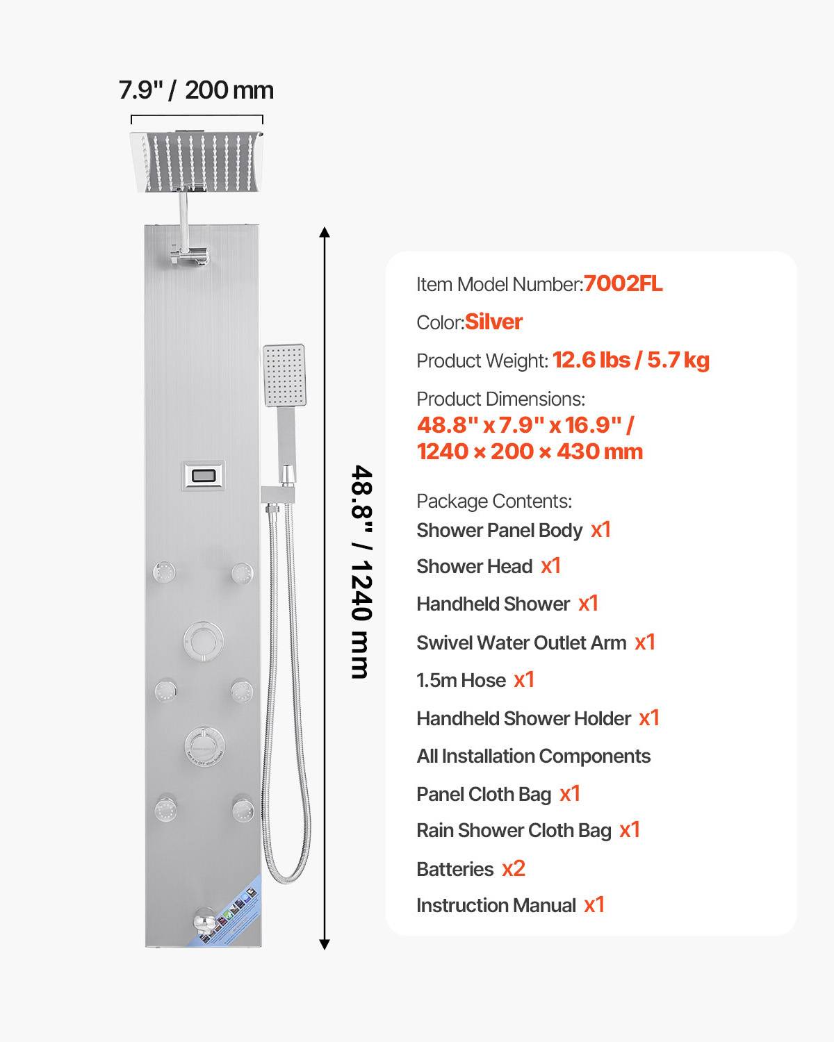 VEVOR Colonne de douche inox brossé 124cm avec pommeau pluie. Robinet 4 fonctions, 6 jets corporels, douchette main. - Image 7