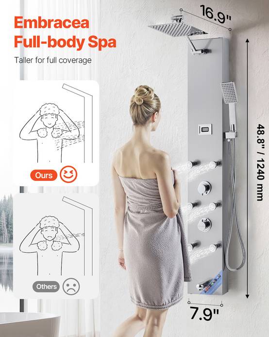 VEVOR Colonne de douche inox brossé 124cm avec pommeau pluie. Robinet 4 fonctions, 6 jets corporels, douchette main. - Image 2