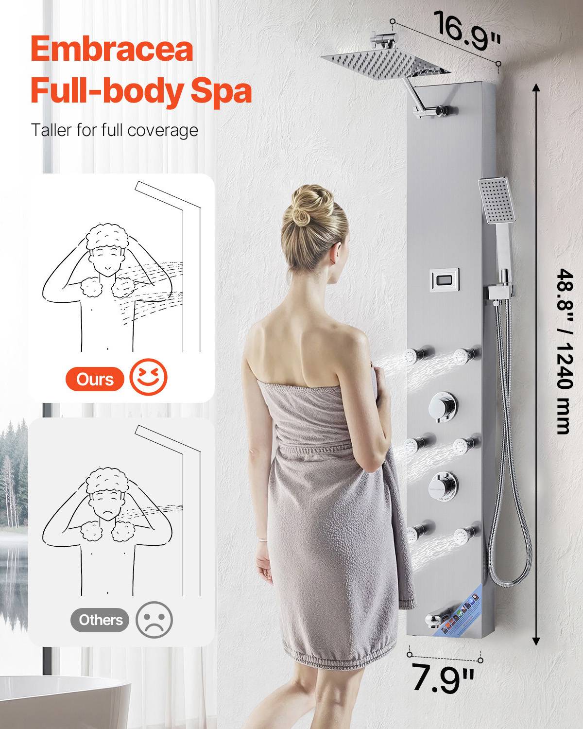 VEVOR Colonne de douche inox brossé 124cm avec pommeau pluie. Robinet 4 fonctions, 6 jets corporels, douchette main. - Image 2