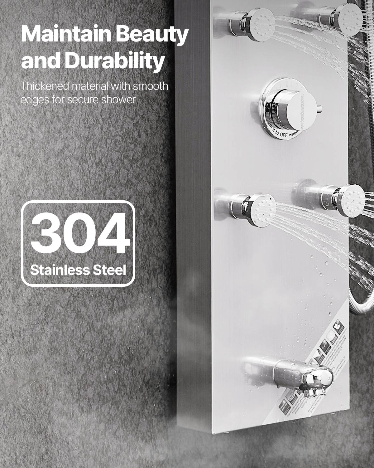 VEVOR Colonne de douche inox brossé 124cm avec pommeau pluie. Robinet 4 fonctions, 6 jets corporels, douchette main. - Image 6