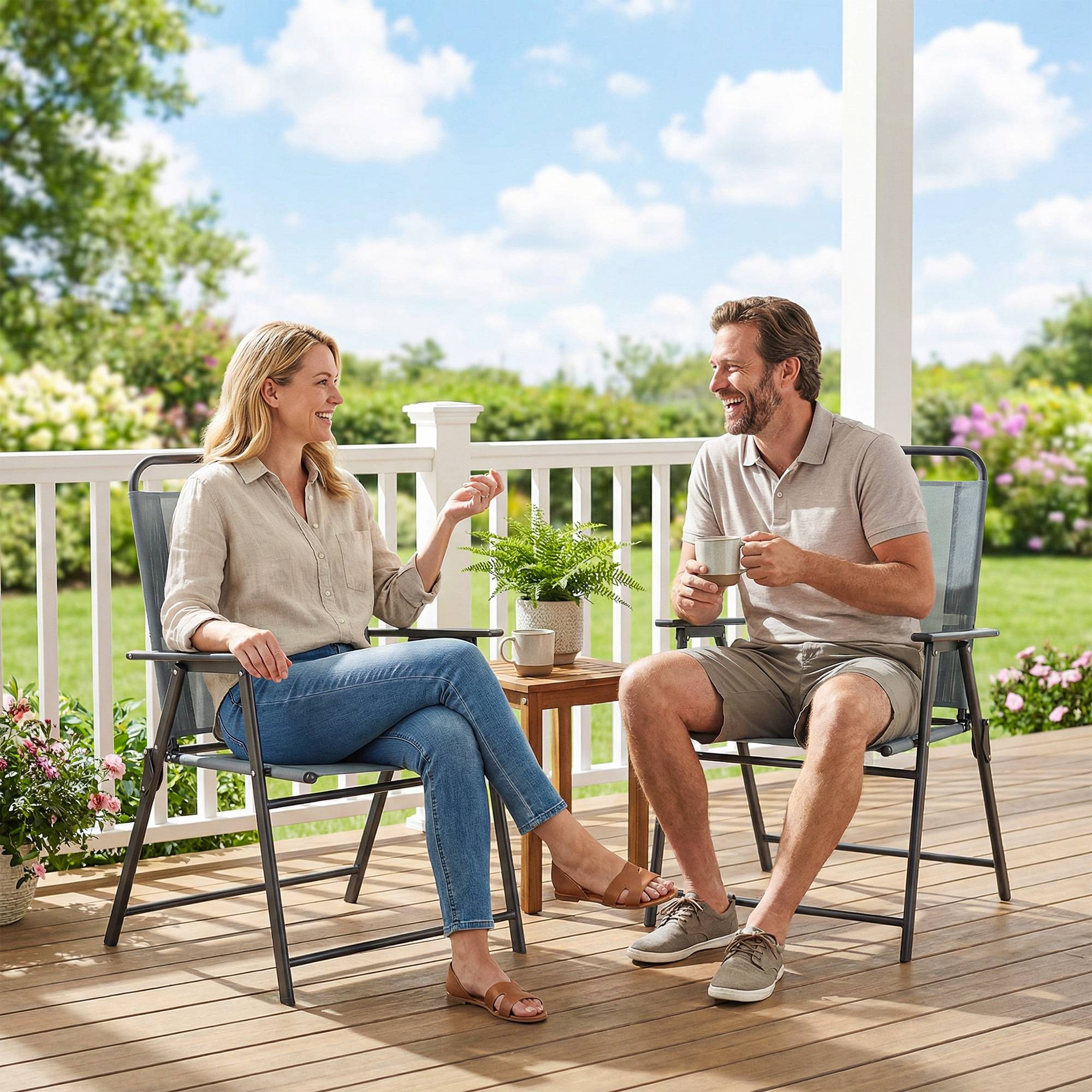 Chaises de jardin pliantes, lot de 2 chaises de camping avec assise en maille grise. - Image 4