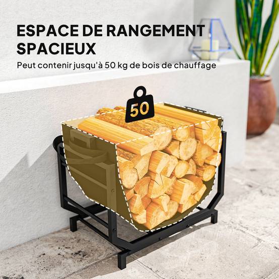 Range-bûches porte buche avec sac de transport et poignées pour intérieure, en métal robuste, 53 x 33 x 43 cm, noir - Image 6