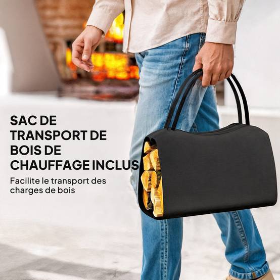 Range-bûches porte buche avec sac de transport et poignées pour intérieure, en métal robuste, 53 x 33 x 43 cm, noir - Image 7