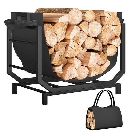 Range-bûches porte buche avec sac de transport et poignées pour intérieure, en métal robuste, 53 x 33 x 43 cm, noir - Image 1